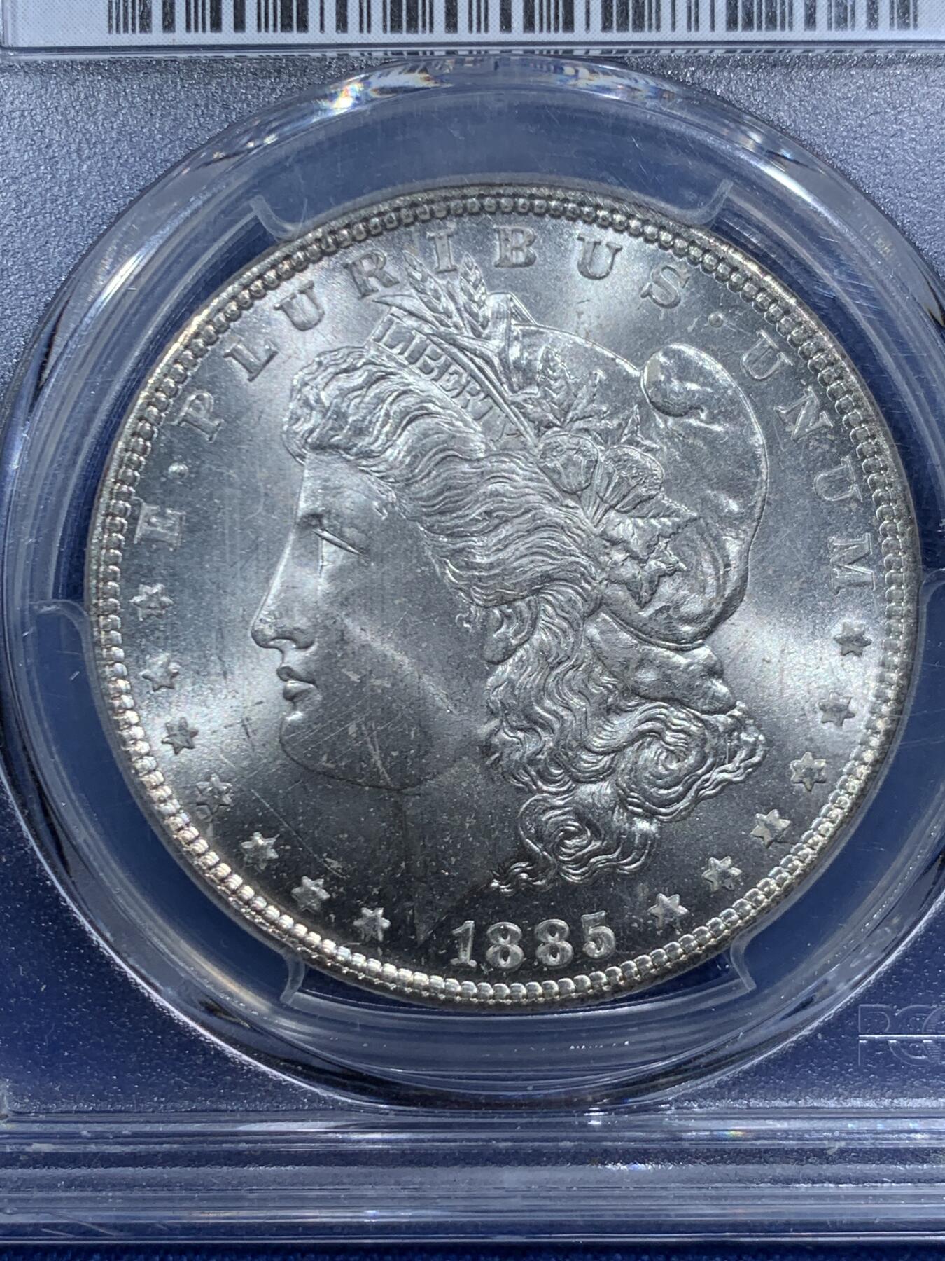 《竞宝斋》第454场 周日，周一 2场连拍 （全场包邮，欢迎送拍） PCGS MS64 美国 1885年 1美元  摩根 经典品种 白亮转光