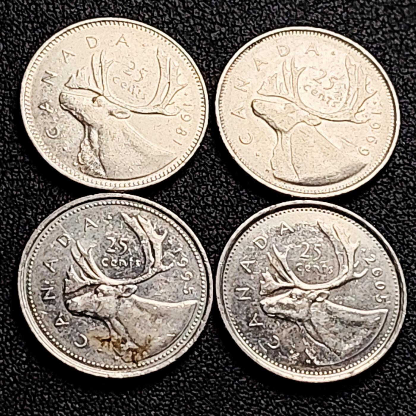 泉币菌-第162场- 新年第五场 精品福利场 高币值 一加元 一组4枚 加拿大驯鹿1/4元 英国伊丽莎白二世女王像 23.9mm