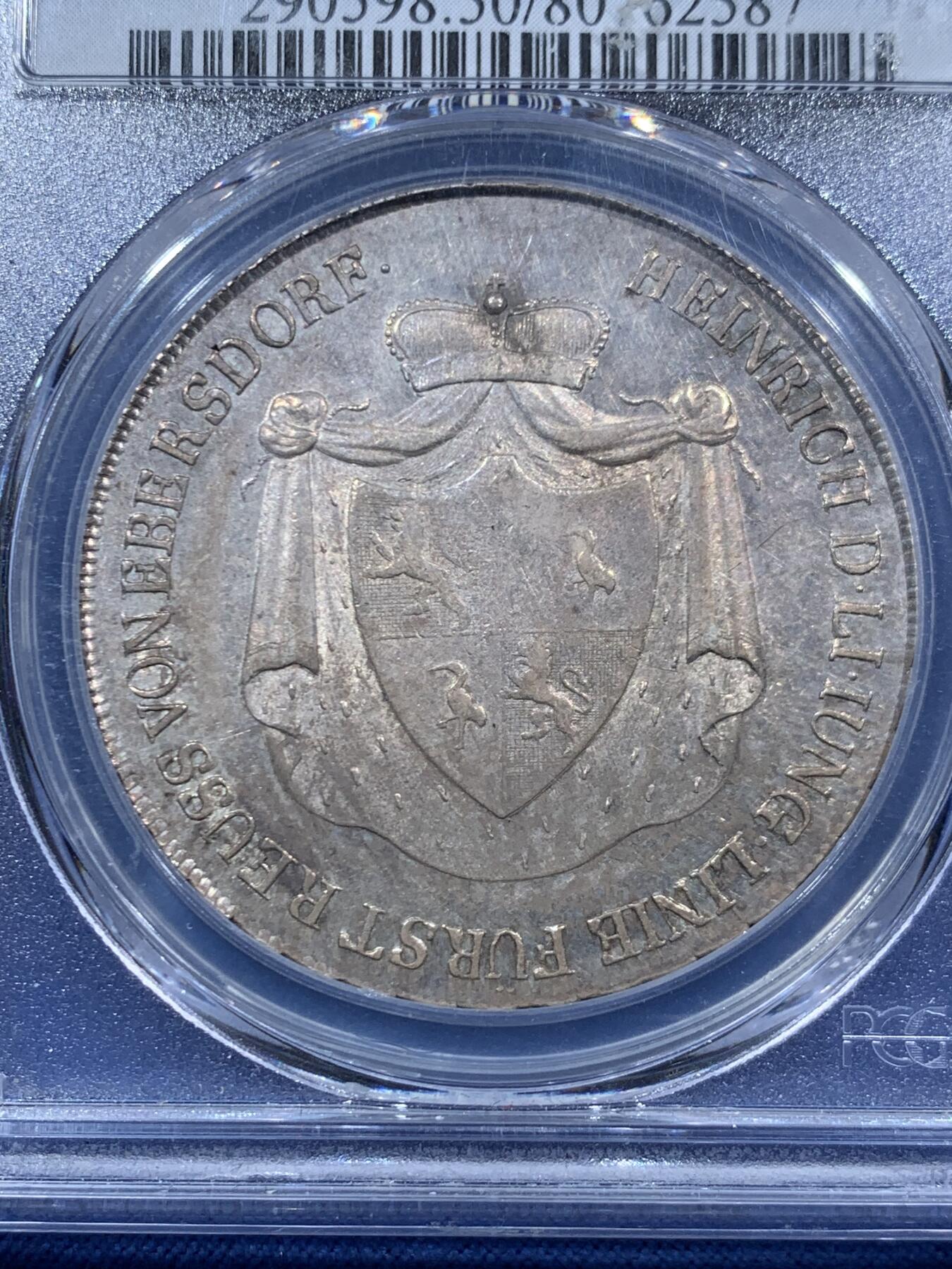 《竞宝斋》第454场 周日，周一 2场连拍 （全场包邮，欢迎送拍） 唯一亚军分 PCGS AU50 德国 1812年 罗伊斯-埃伯斯多夫公国 泰勒大银币 该地名唯一大银币 发行量1575枚 有分的记录共两枚 难得一见