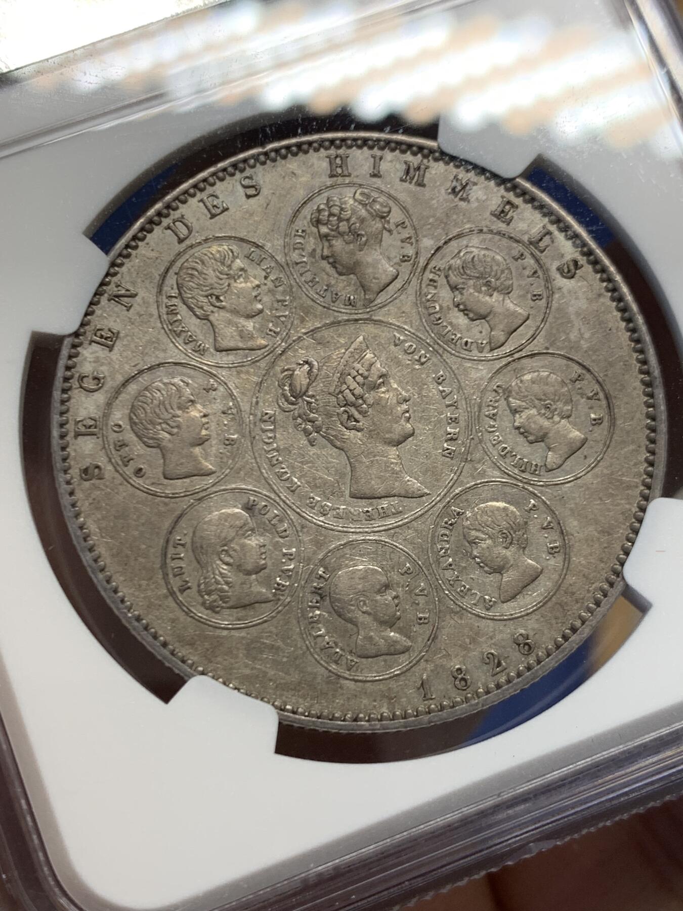 《竞宝斋》第454场 周日，周一 2场连拍 （全场包邮，欢迎送拍） NGC AUD 德国 1828年 巴伐利亚 路德维西1世 皇室家族泰勒 品相不错