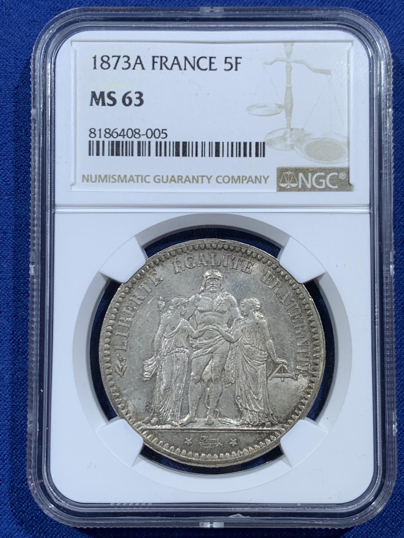 《竞宝斋》第454场 周日，周一 2场连拍 （全场包邮，欢迎送拍） NGC MS63 法国第三共和国1873年5法郎银币