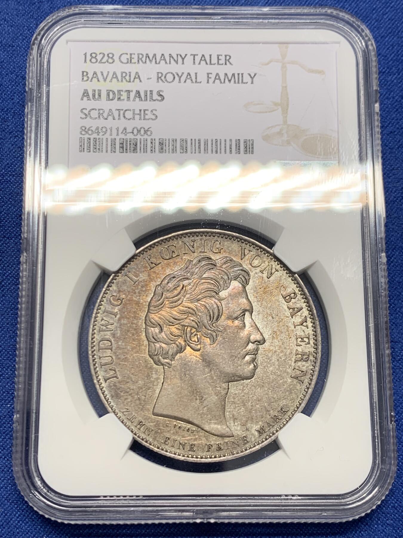 《竞宝斋》第454场 周日，周一 2场连拍 （全场包邮，欢迎送拍） NGC AUD 德国 1828年 巴伐利亚 路德维西1世 皇室家族泰勒 品相不错