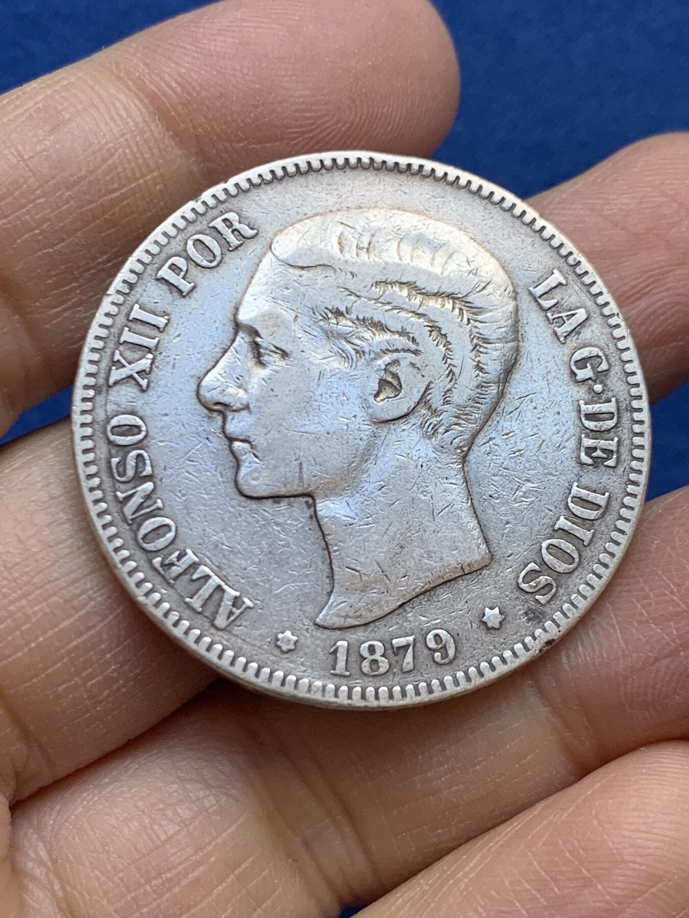 《竞宝斋》第454场 周日，周一 2场连拍 （全场包邮，欢迎送拍） 西班牙1879年阿方索十二世5比塞塔银币