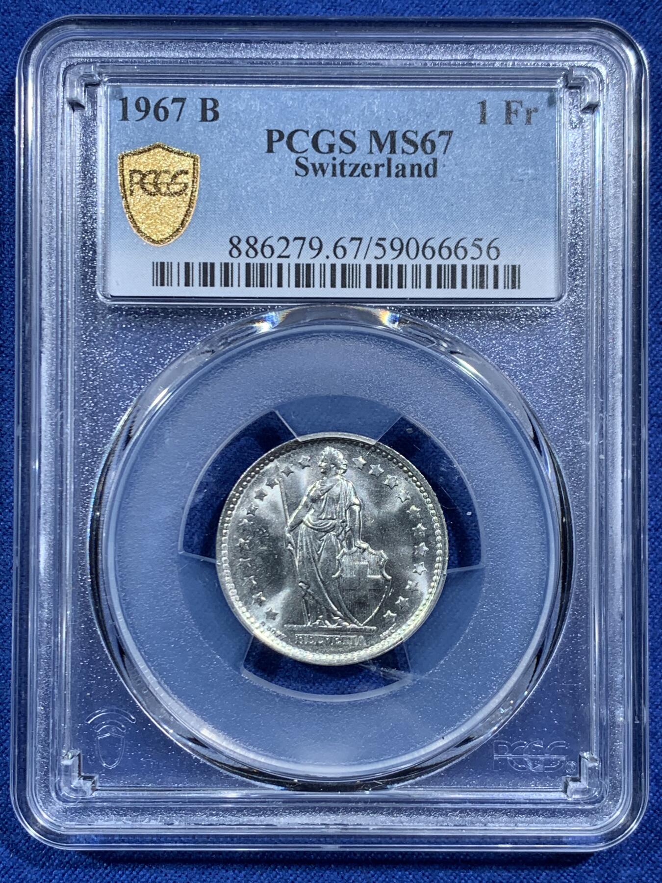 《竞宝斋》第454场 周日，周一 2场连拍 （全场包邮，欢迎送拍） 三枚一组 PCGS MS65-67 瑞士雪山女神1法郎银币 1966年+1967年