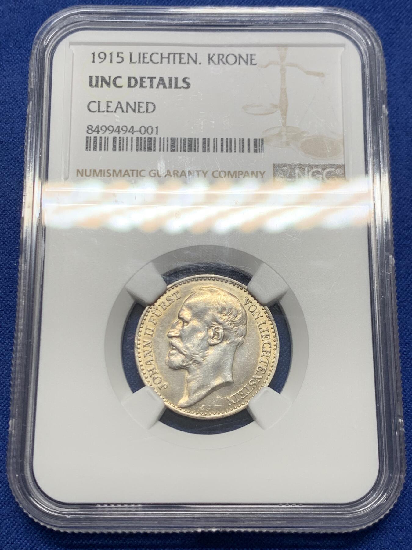 《竞宝斋》第454场 周日，周一 2场连拍 （全场包邮，欢迎送拍） NGC UNC 列支登士登 1915年 约翰二世 1克朗银币 发行量75000枚 品相不错