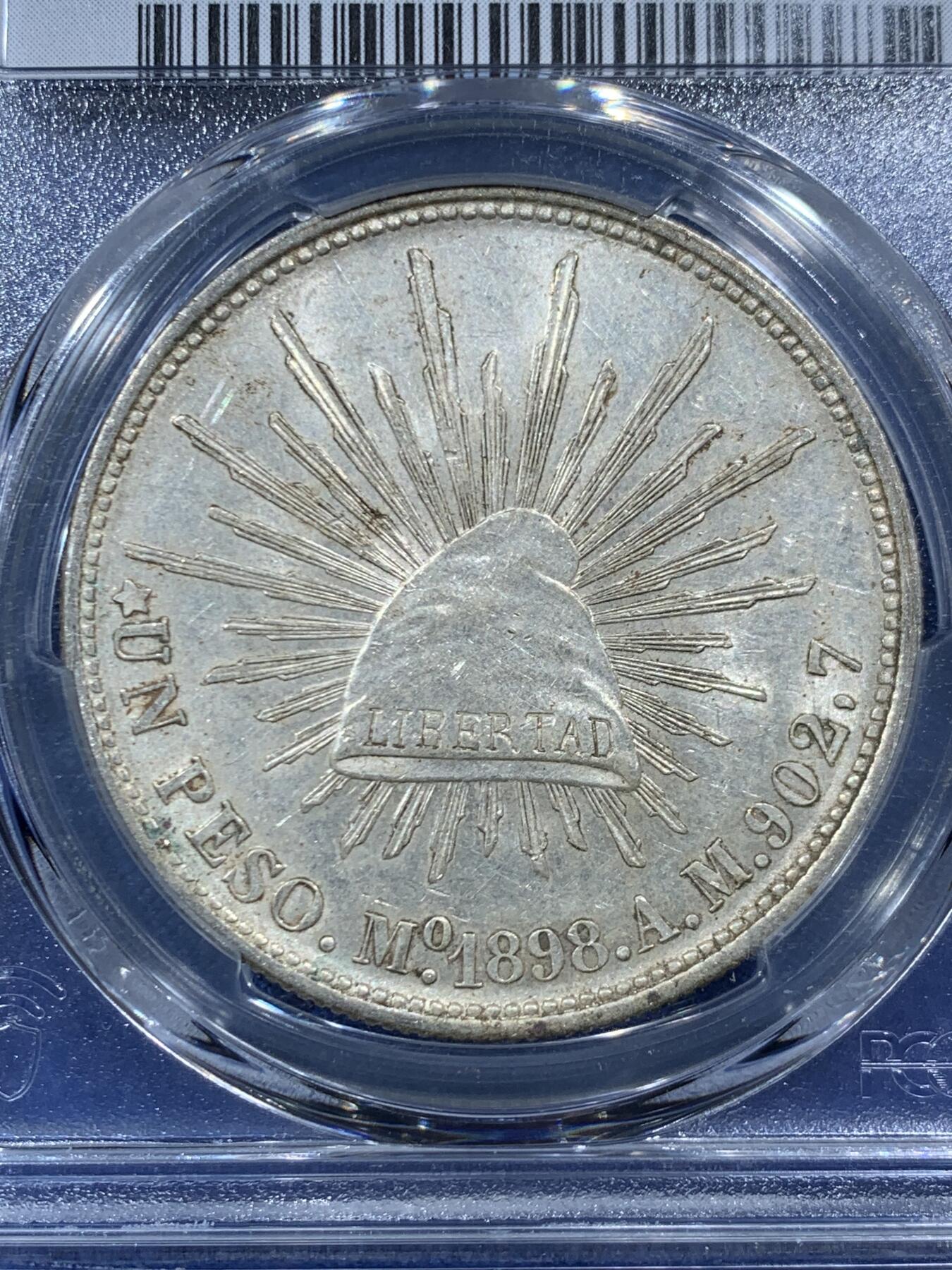 《竞宝斋》第454场 周日，周一 2场连拍 （全场包邮，欢迎送拍） PCGS AU58 墨西哥1898 MO AM 鹰洋1比索银币 后铸版