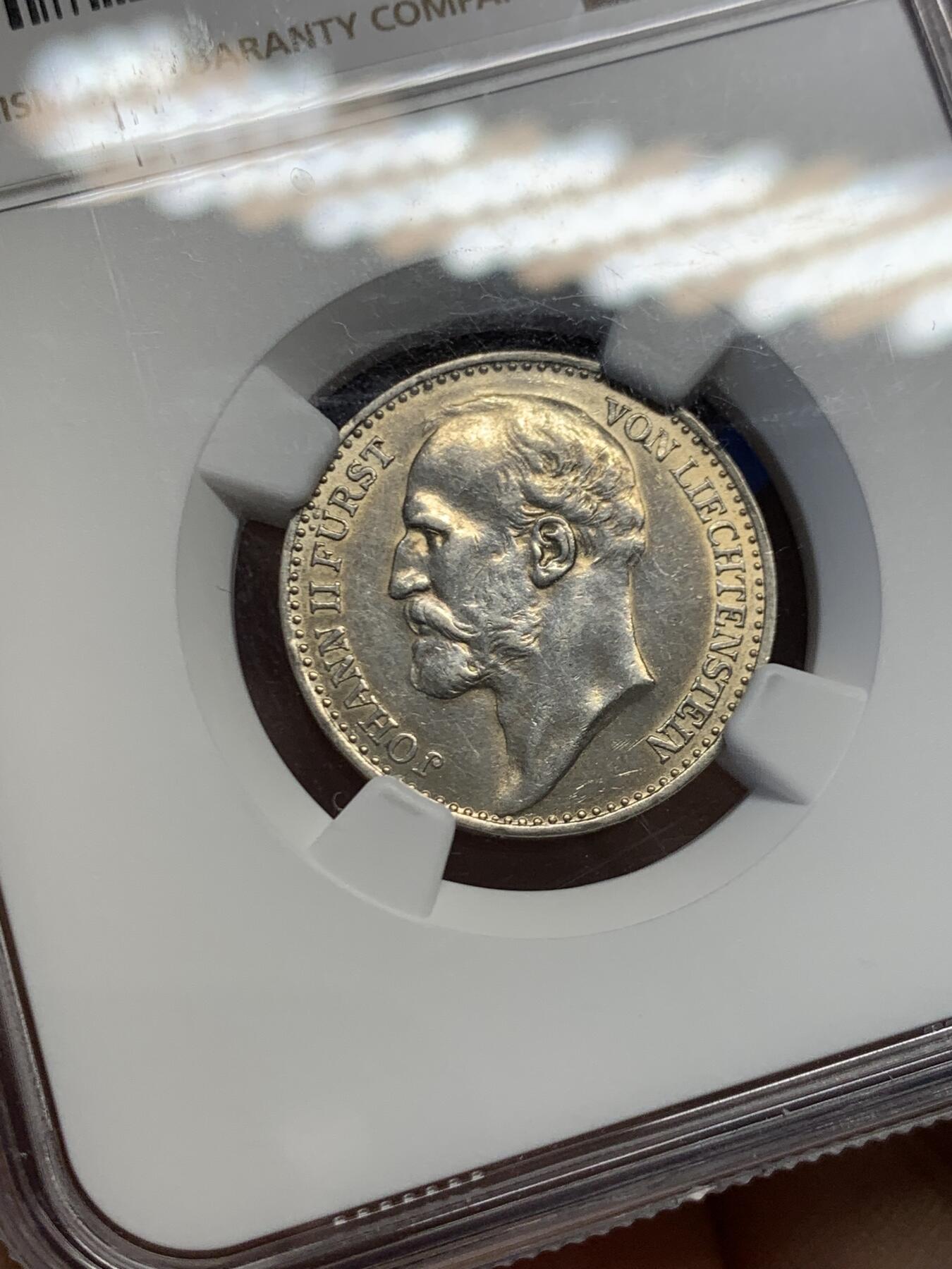 《竞宝斋》第454场 周日，周一 2场连拍 （全场包邮，欢迎送拍） NGC UNC 列支登士登 1915年 约翰二世 1克朗银币 发行量75000枚 品相不错