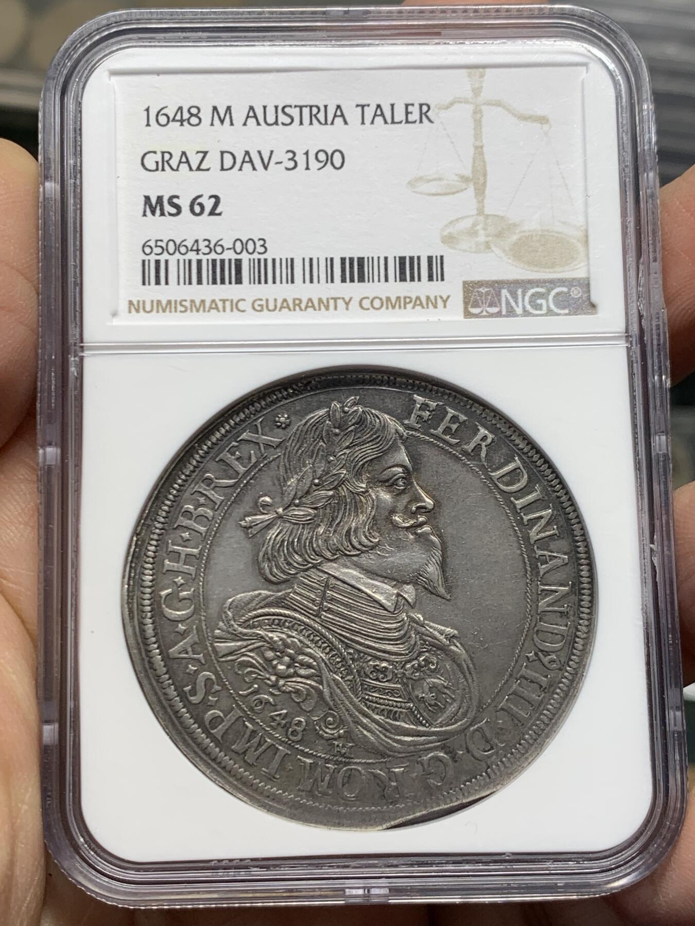 《竞宝斋》第454场 周日，周一 2场连拍 （全场包邮，欢迎送拍） NGC MS62 神圣罗马帝国 奥地利 1648 斐迪南三世 泰勒大银币 花冠清晰无磨损 双面全深打 难得状态 将近400年的岁月 确实不易