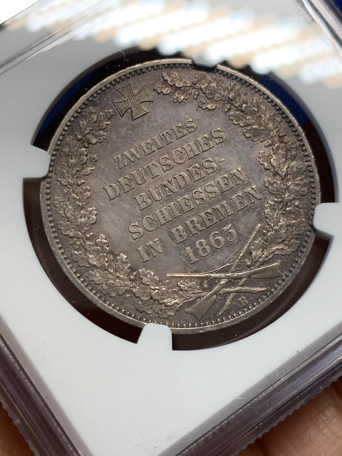 《竞宝斋》第454场 周日，周一 2场连拍 （全场包邮，欢迎送拍） NGC MS61 德国 1865年 不莱梅 射击节纪念1泰勒