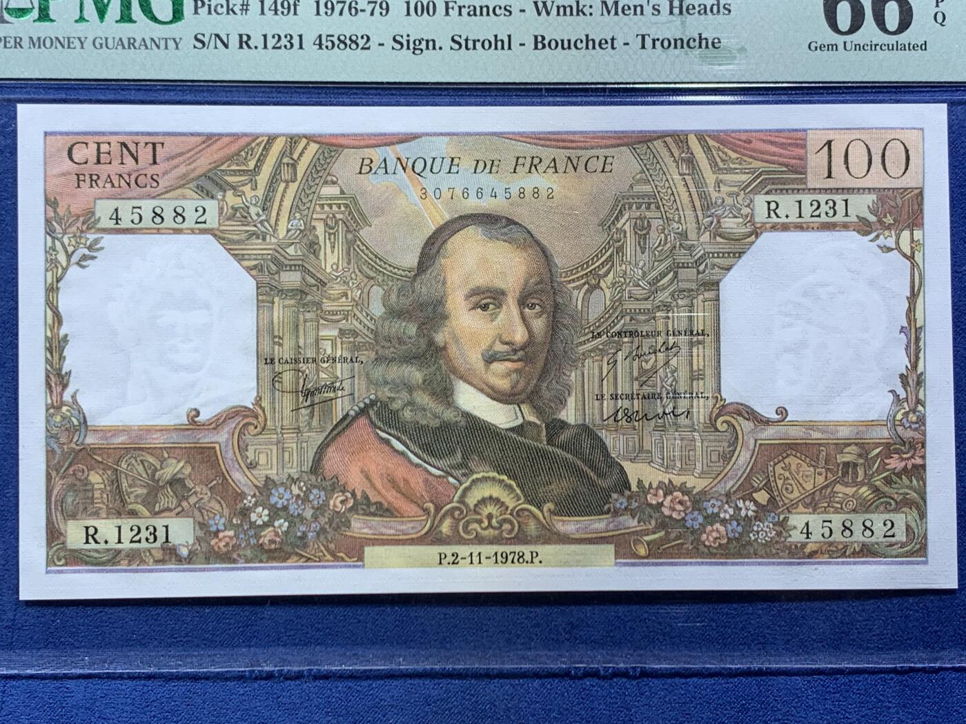 《竞宝斋》第454场 周日，周一 2场连拍 （全场包邮，欢迎送拍） PMG 66EPQ 法国 1976-79年100法郎 高乃伊