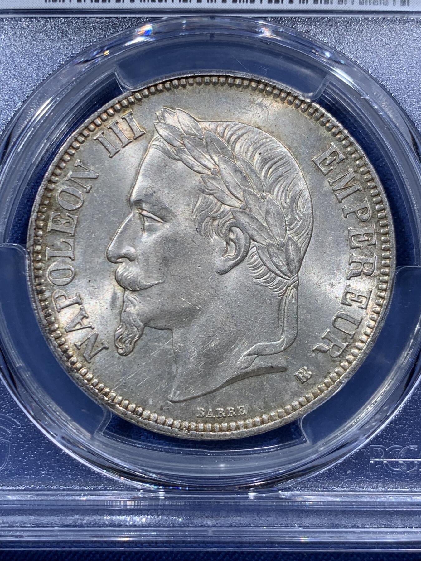 《竞宝斋》第454场 周日，周一 2场连拍 （全场包邮，欢迎送拍） PCGS MS64 法国1869年拿破仑三世五法郎大银币，BB厂斯特拉斯堡铸，比版本少见，年份相对也不错，出厂状态。