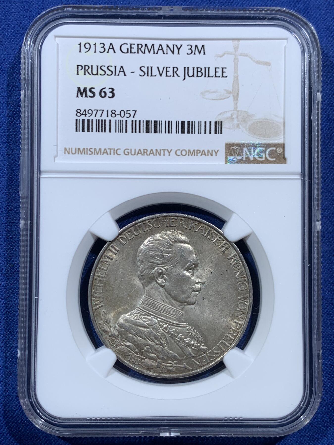 《竞宝斋》第454场 周日，周一 2场连拍 （全场包邮，欢迎送拍） NGC MS63 德国1913年普鲁士威廉二世军装3马克银币