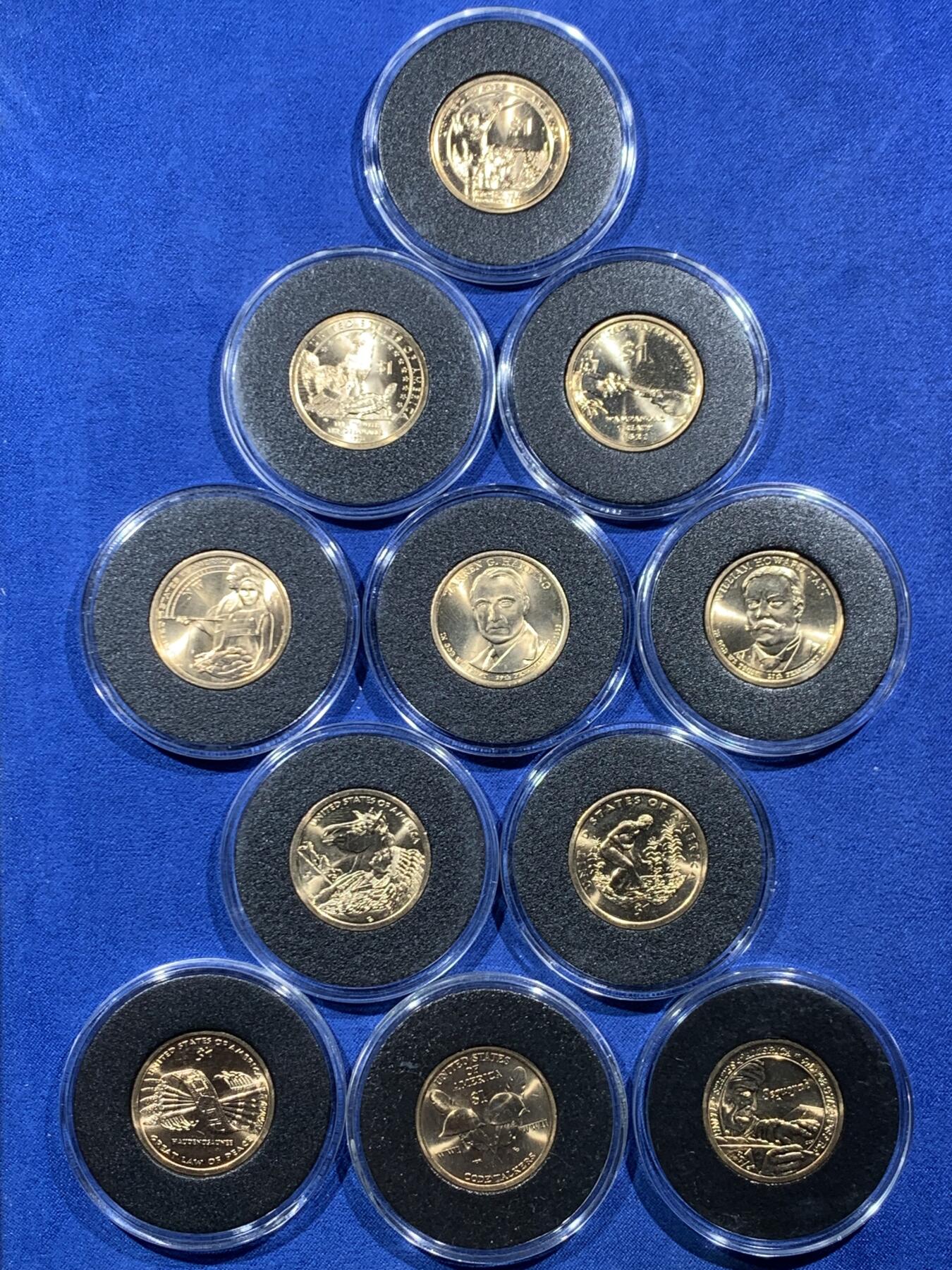 《竞宝斋》第454场 周日，周一 2场连拍 （全场包邮，欢迎送拍） 11枚一组 美国总统1美元纪念币2枚+萨卡加维亚1美元纪念币9枚