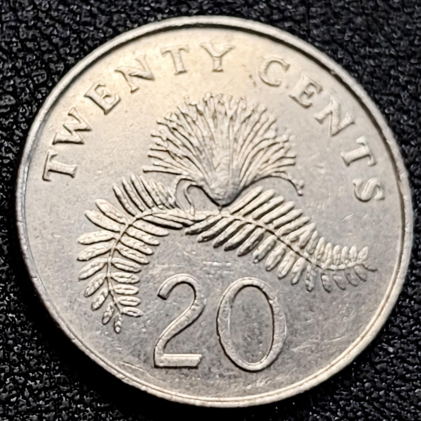 泉币菌-第163场-新年第六场 精品福利场 1987 高币值 新加坡20分 绒球花 高盾徽版 直径21.36mm