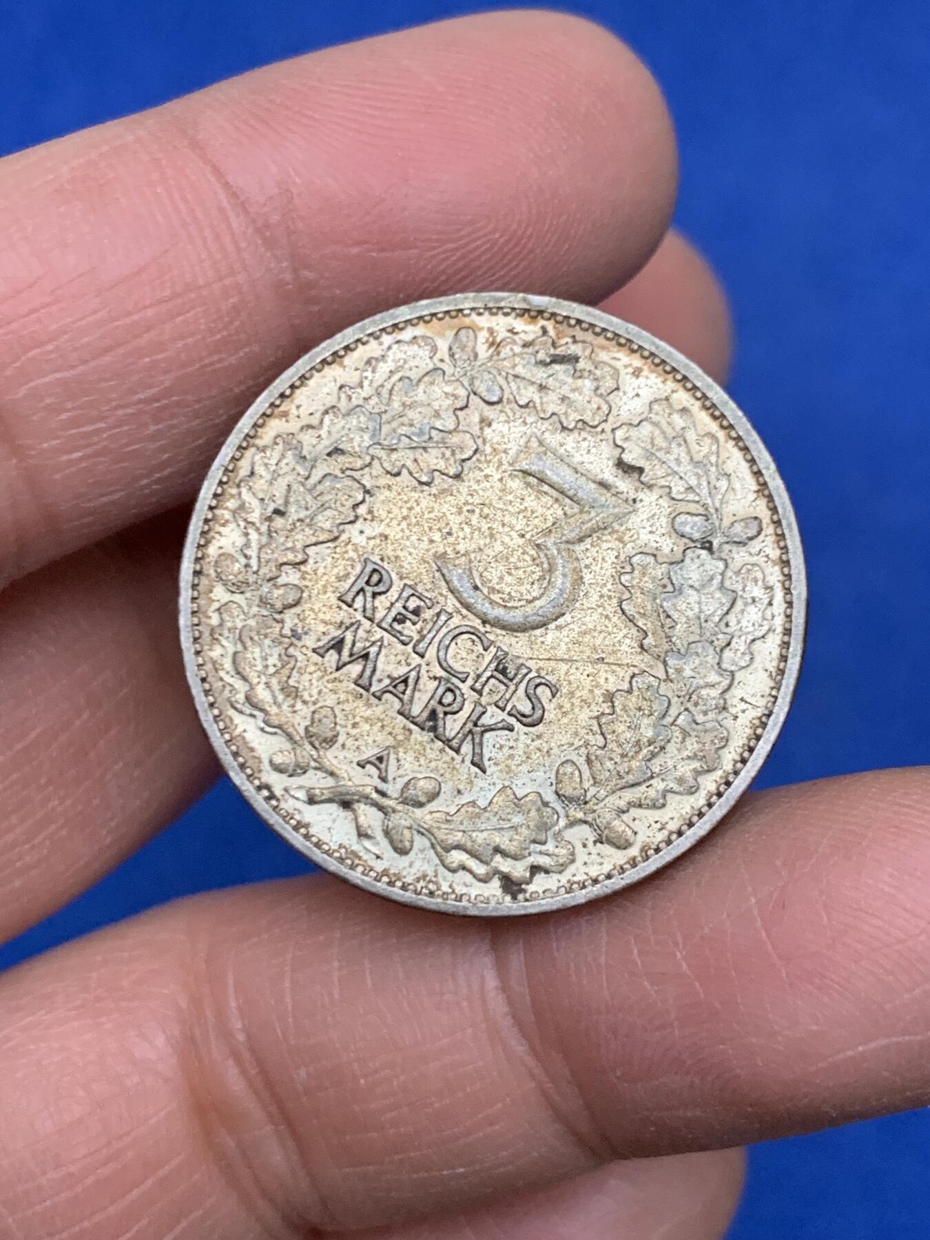 《竞宝斋》第454场 周日，周一 2场连拍 （全场包邮，欢迎送拍） 德国魏玛共和国1925年A版魏玛莱茵千年3马克银币