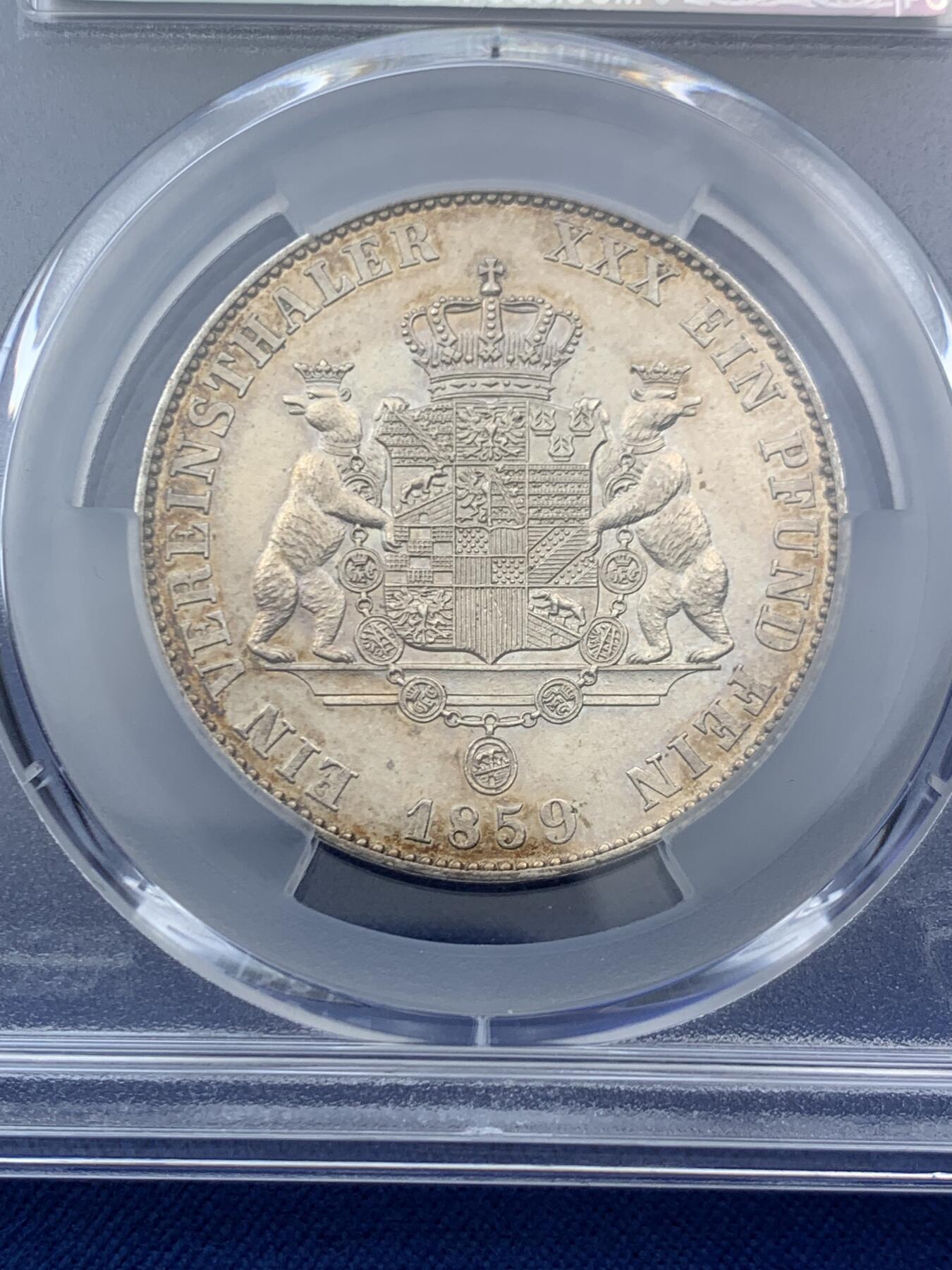 《竞宝斋》第454场 周日，周一 2场连拍 （全场包邮，欢迎送拍） PCGS UNCD 德国安哈特 1859年1泰勒 银币