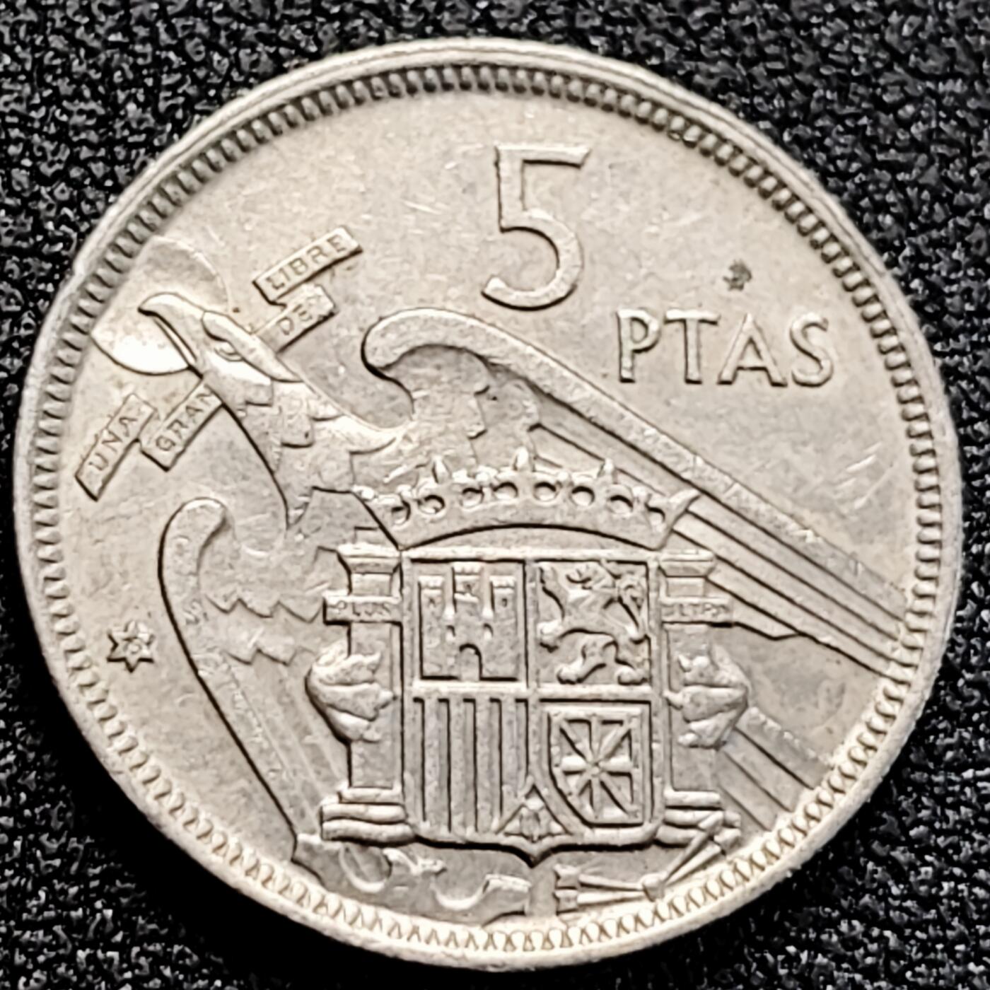 泉币菌-第162场- 新年第五场 精品福利场 西班牙5比塞塔 鹰 独裁者佛朗哥 铜镍币23mm