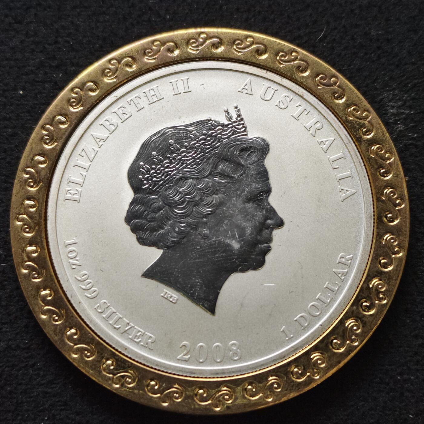 【全场包邮】纯粹捡漏拍493场 澳大利亚2008年1元生肖鼠年彩色精制999纯银币-含外圈铜环【46.6毫米31.1克，纯银价约560元（按18元银价折算）】