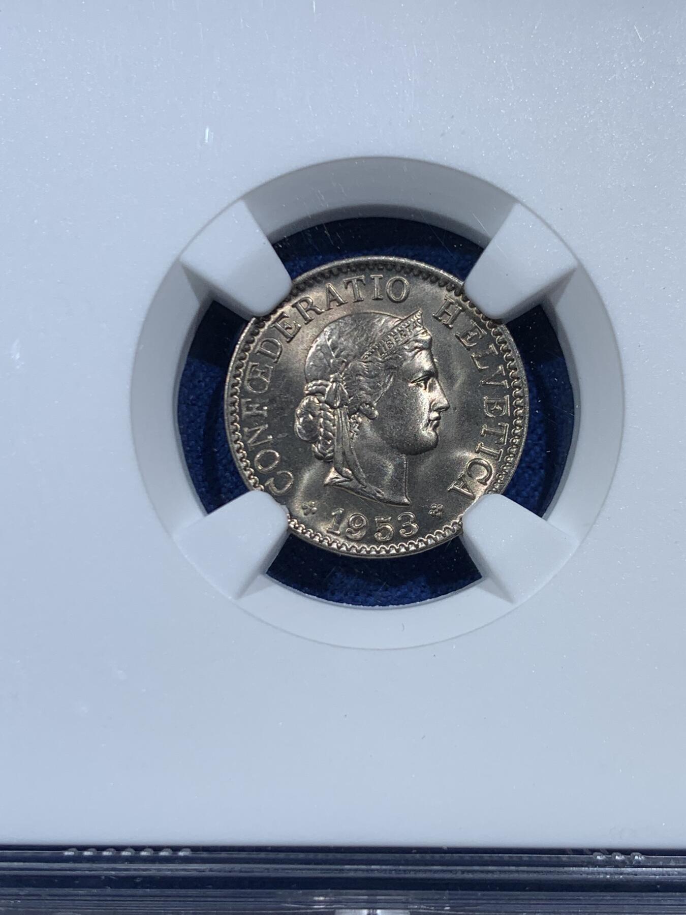 《竞宝斋》第454场 周日，周一 2场连拍 （全场包邮，欢迎送拍） NGC MS67 瑞士1953年B版5生丁 冠军分数 极强转光 细节出众