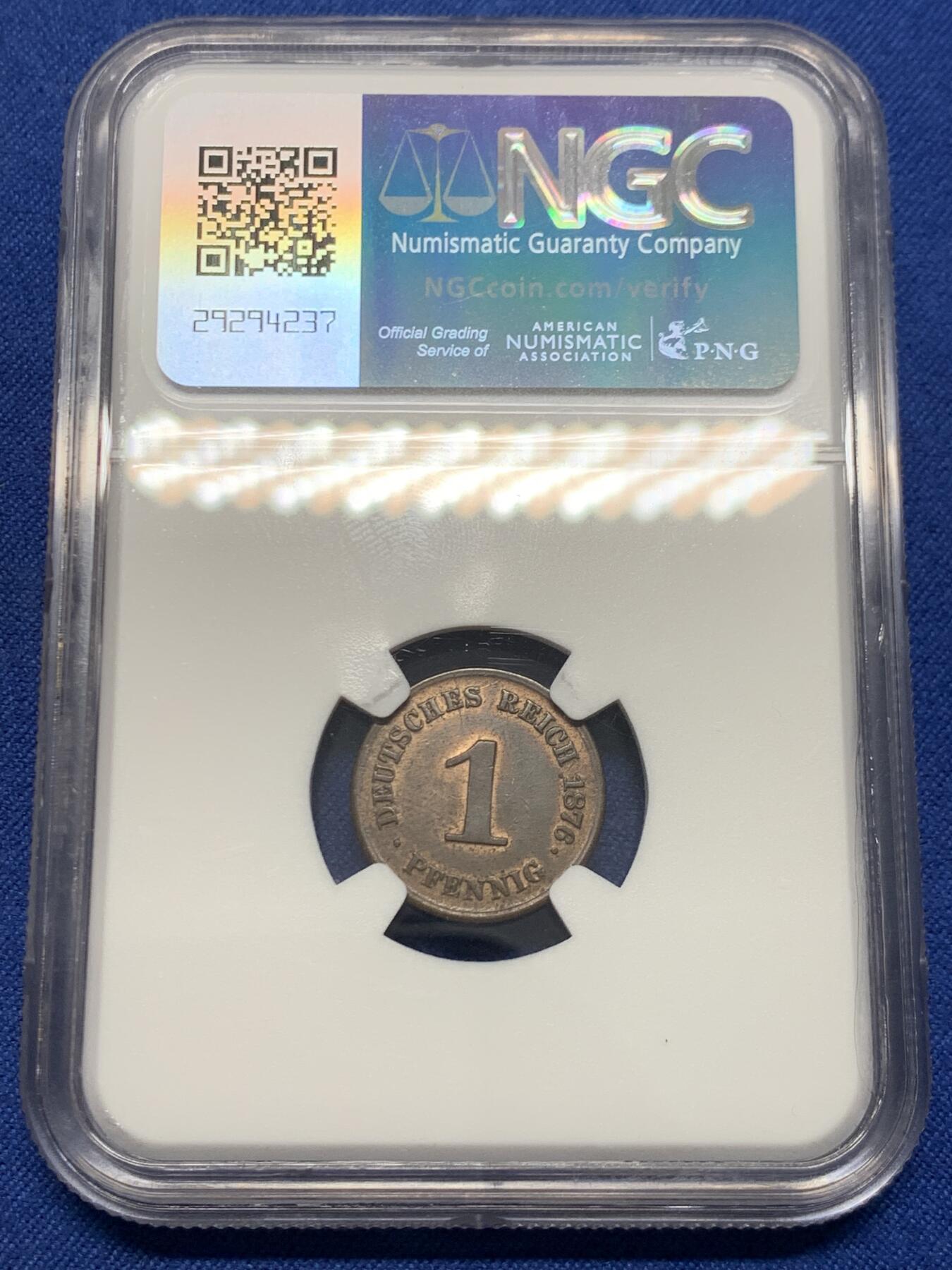 《竞宝斋》第454场 周日，周一 2场连拍 （全场包邮，欢迎送拍） NGC AU58BN 德国普鲁士 1876年 1芬尼 铜币 盒子角上有磕