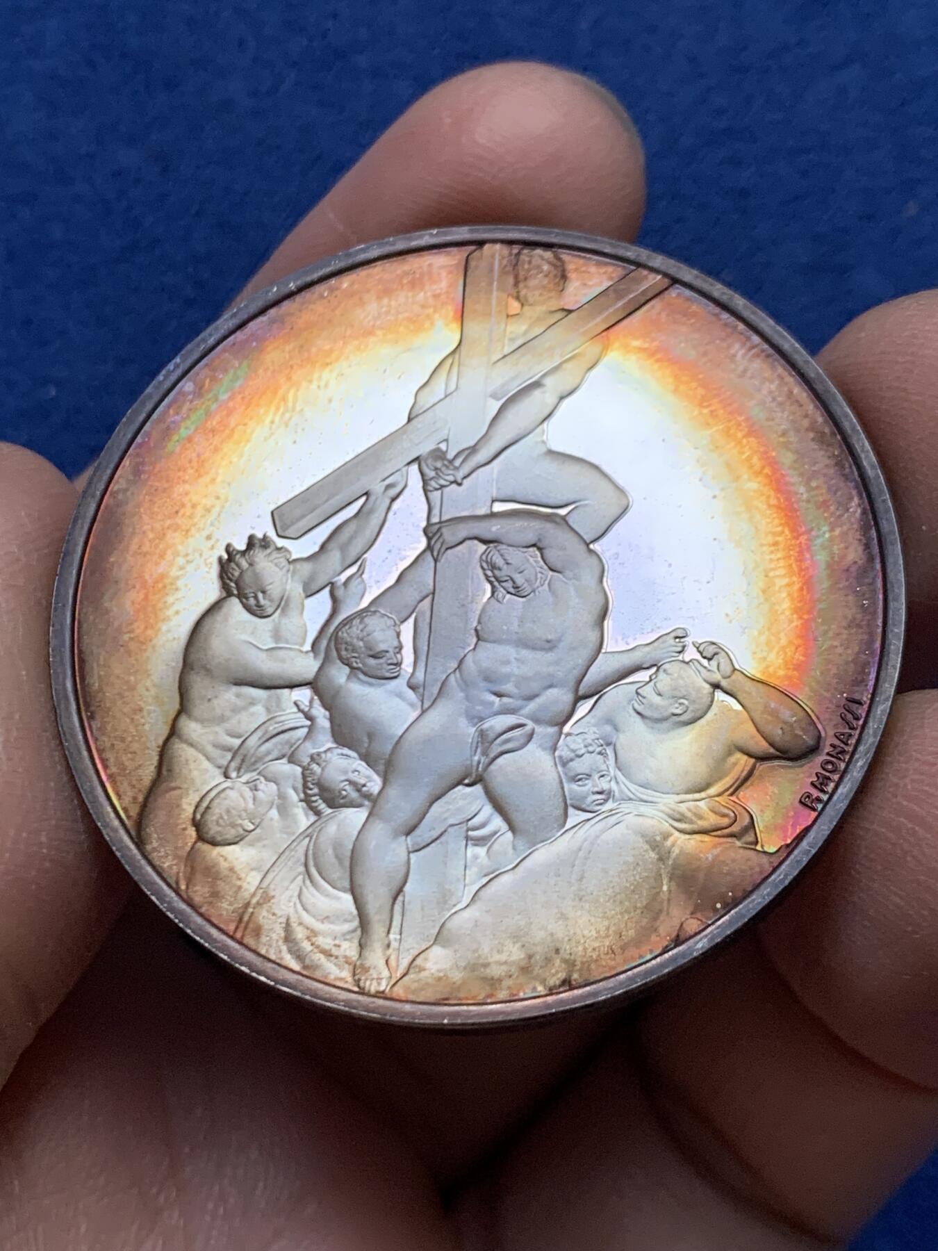 《竞宝斋》第454场 周日，周一 2场连拍 （全场包邮，欢迎送拍） 925银 五彩包浆大银章 38.25g 44.2mm