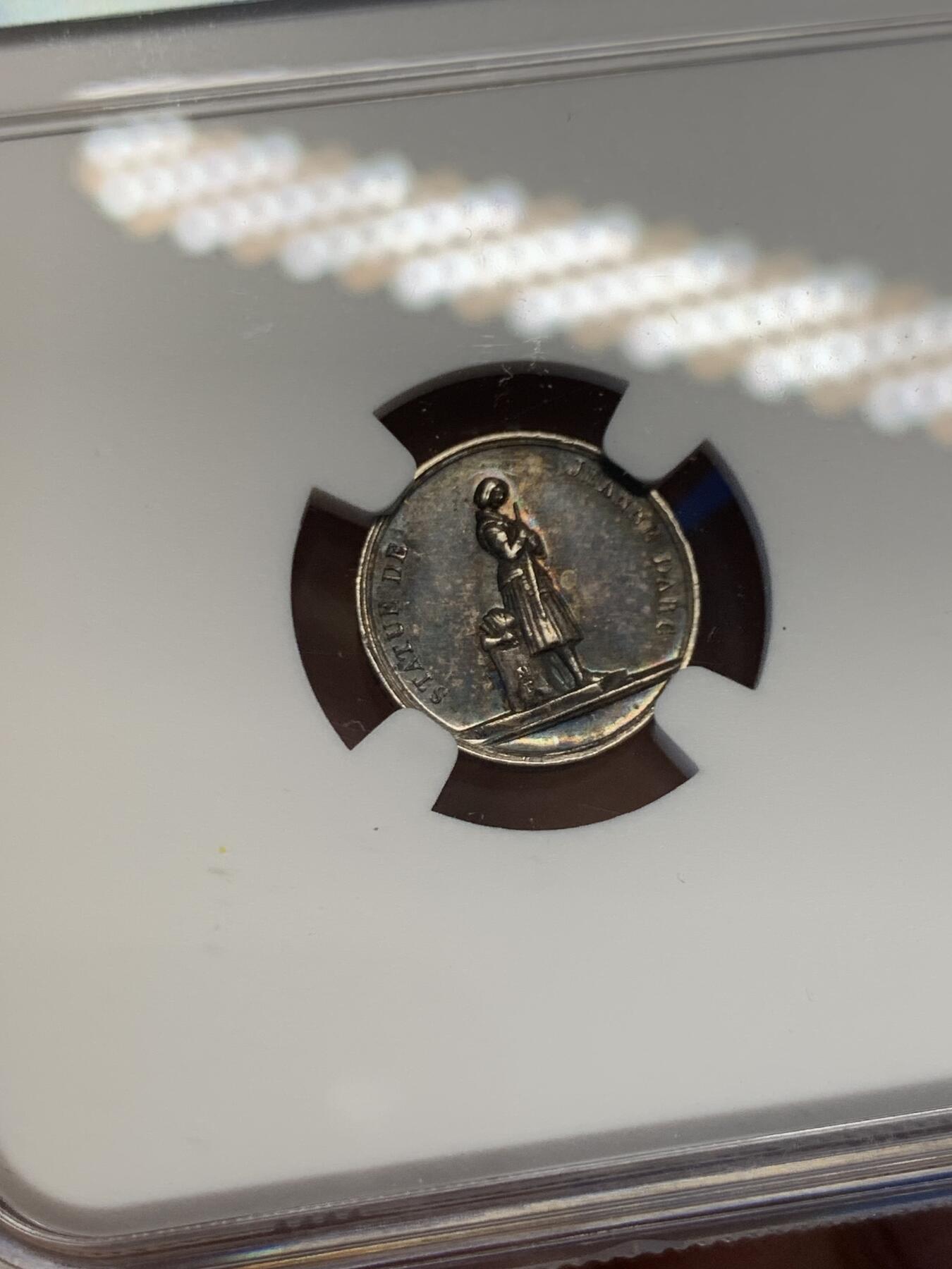 《竞宝斋》第454场 周日，周一 2场连拍 （全场包邮，欢迎送拍） NGC MS61 德国 1840年 法国王室成员玛丽奥尔良逝世纪念银章 背面为圣女贞德雕像 极少见题材 传世五彩包浆 很精致的一枚