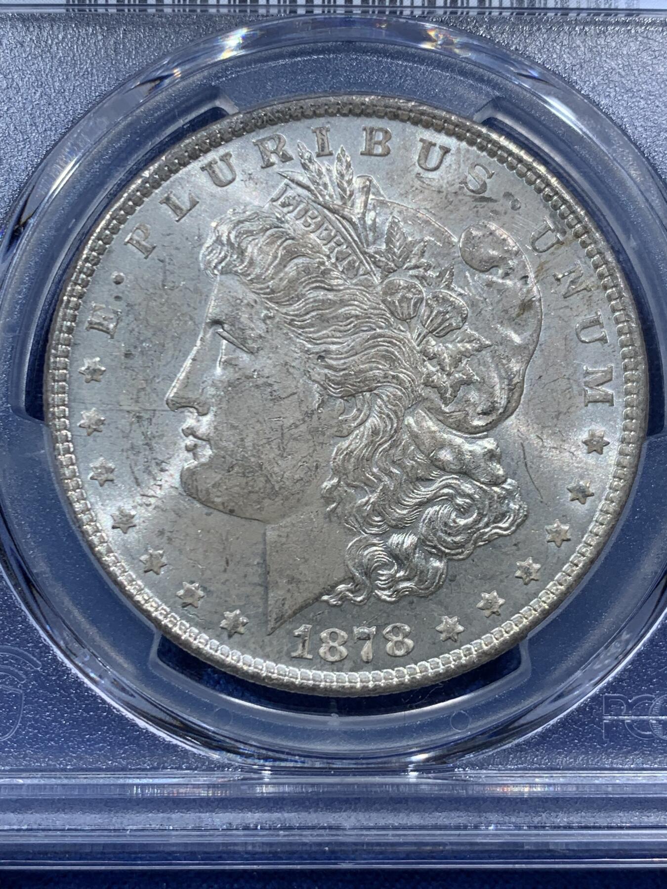 《竞宝斋》第454场 周日，周一 2场连拍 （全场包邮，欢迎送拍） PCGS MS63 美国 1878 首年摩根 7/8TF 银币 尾部羽毛复打 稀有版别 鹰面月牙形五彩包浆