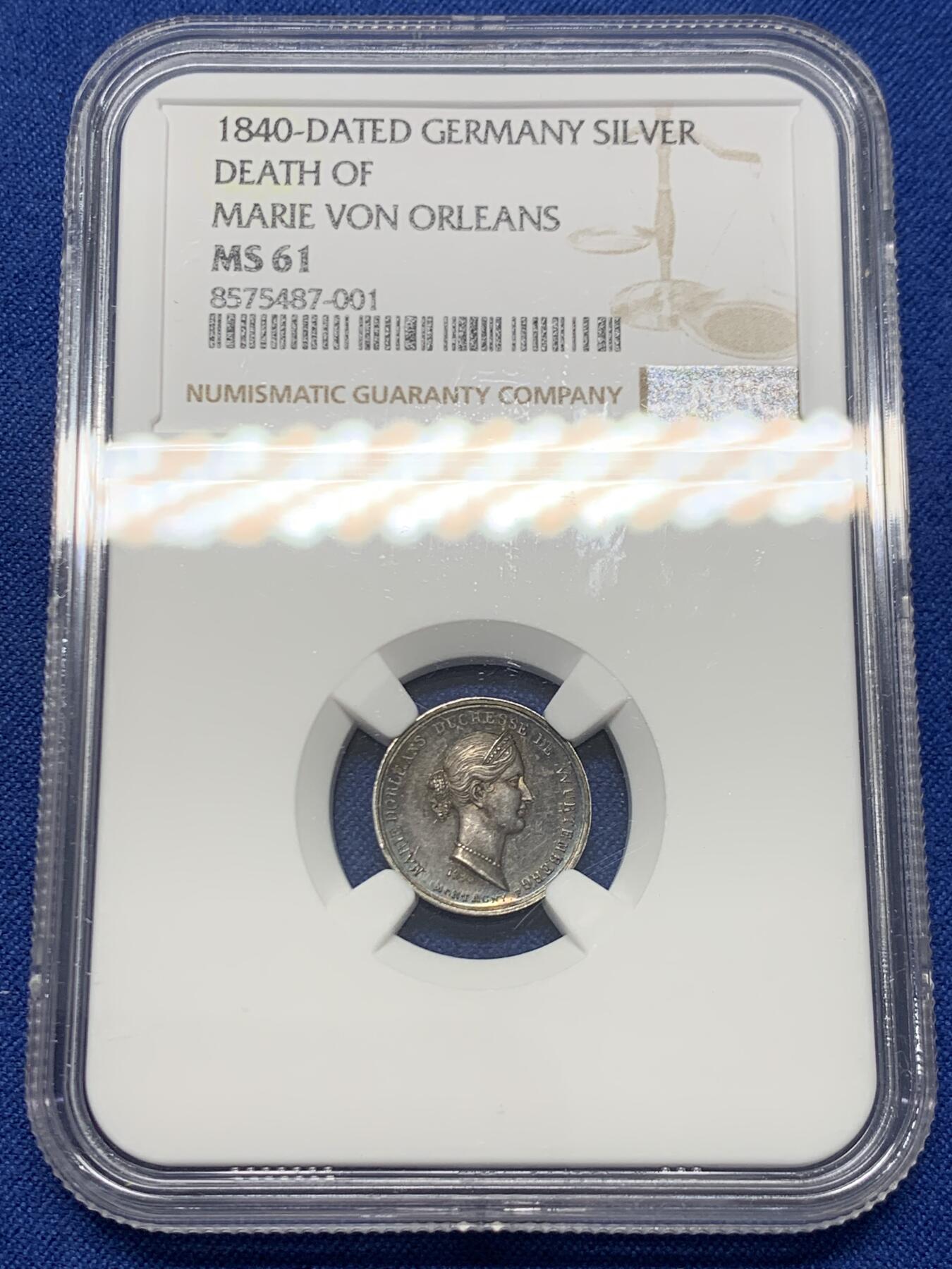 《竞宝斋》第454场 周日，周一 2场连拍 （全场包邮，欢迎送拍） NGC MS61 德国 1840年 法国王室成员玛丽奥尔良逝世纪念银章 背面为圣女贞德雕像 极少见题材 传世五彩包浆 很精致的一枚