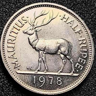 泉币菌-第163场-新年第六场 精品福利场 - 原光极美 雄鹿 毛里求斯1/2卢比镀镍钢硬币 23.6毫米6.0克 克鲁格1978年