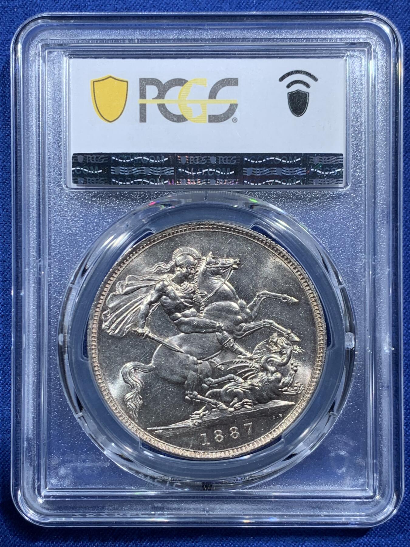 《竞宝斋》第454场 周日，周一 2场连拍 （全场包邮，欢迎送拍） PCGS MS63 英国1887年维多利亚女王高冠马剑1克朗银币