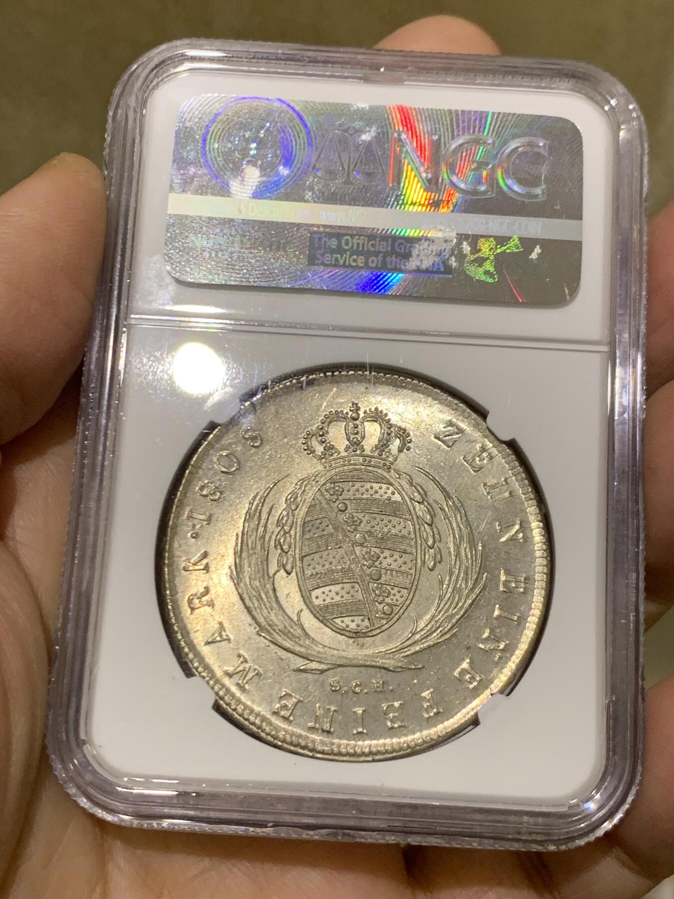 《竞宝斋》第454场 周日，周一 2场连拍 （全场包邮，欢迎送拍） 唯一冠军分 NGC MS65 德国 1808年 萨克森王国 奥古斯特一世 泰勒大银币 顶级状态