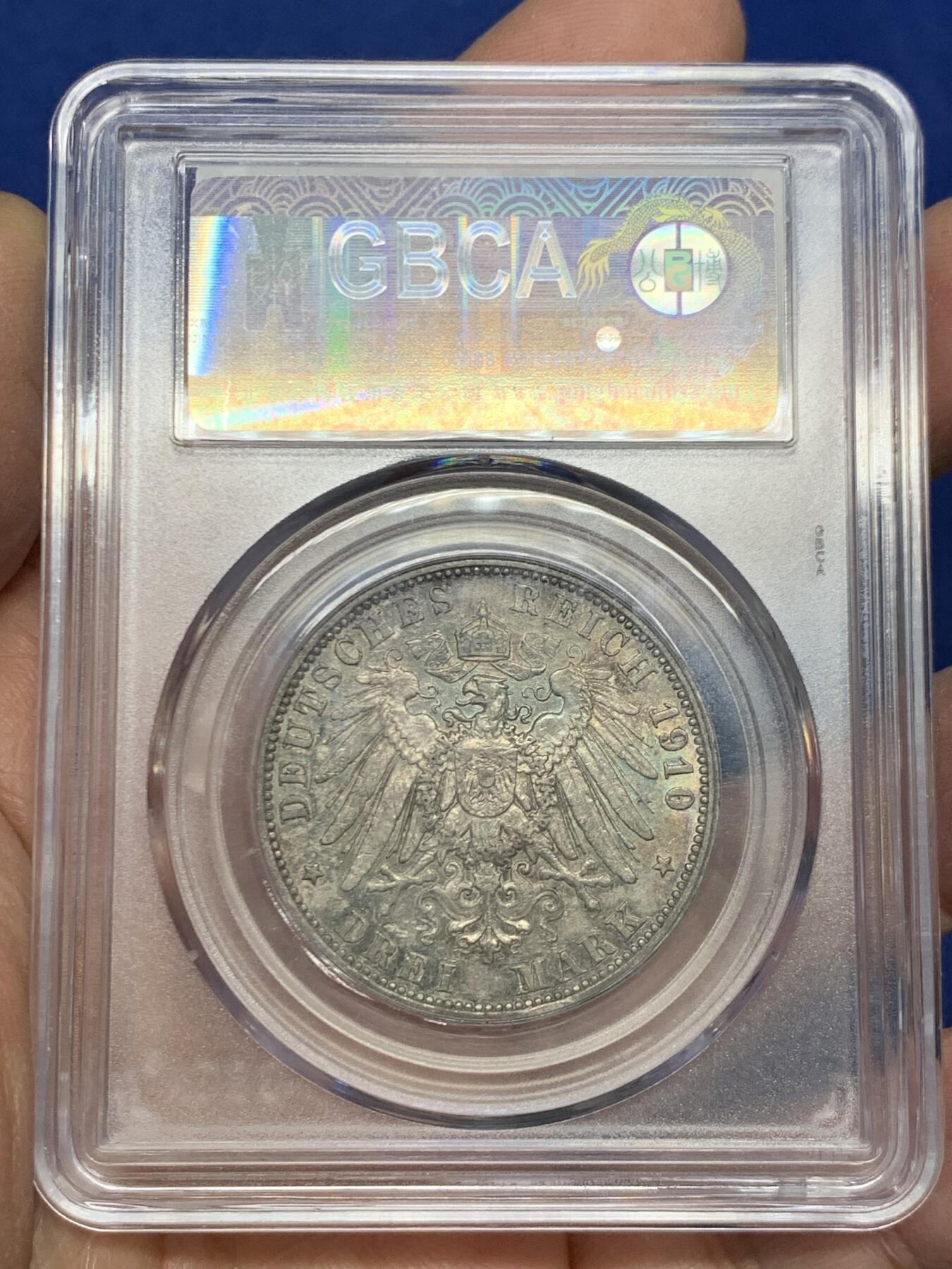 《竞宝斋》第454场 周日，周一 2场连拍 （全场包邮，欢迎送拍） 公博 MS62 德国普鲁士1910年威廉二世3马克银币