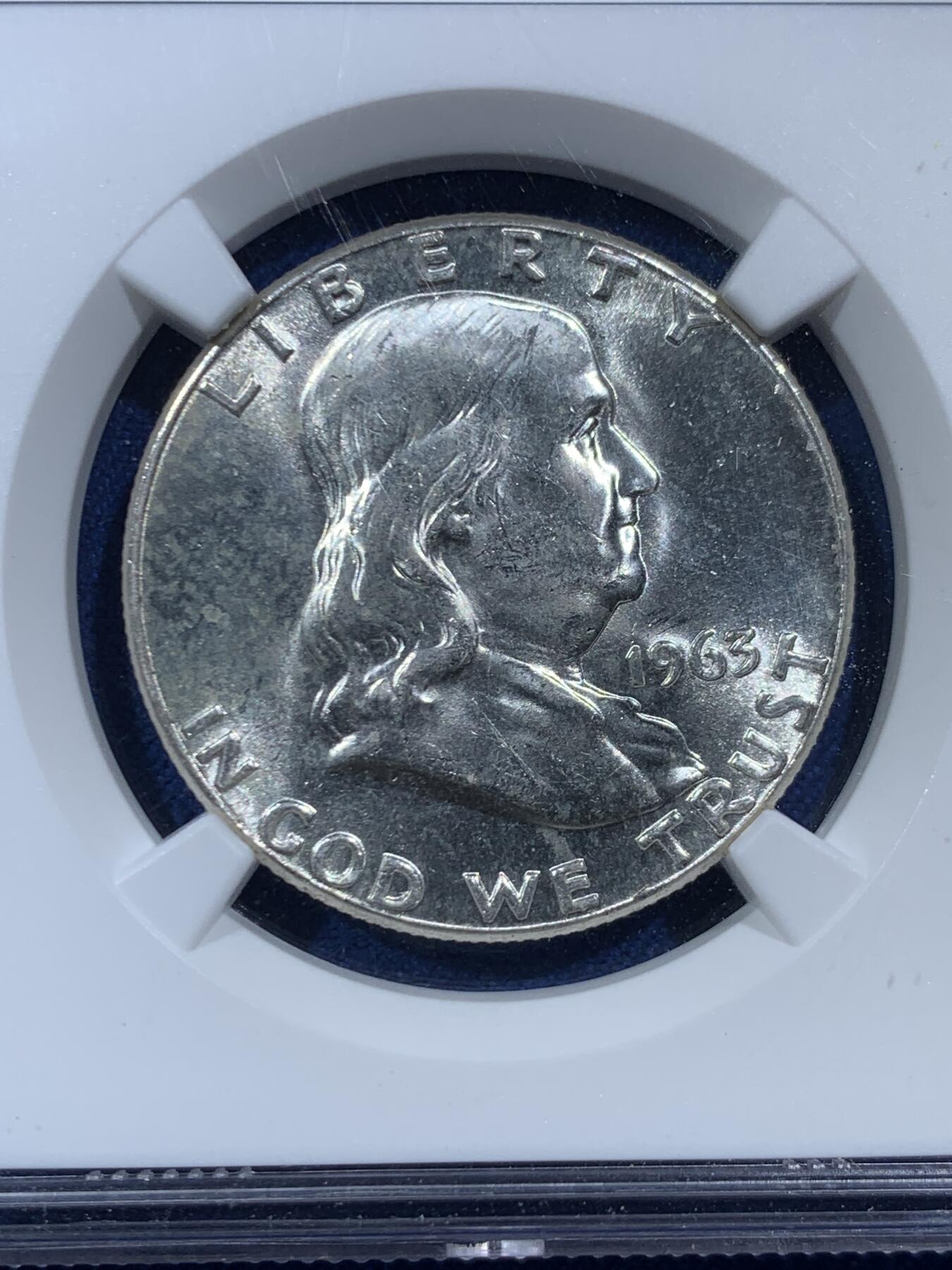 《竞宝斋》第454场 周日，周一 2场连拍 （全场包邮，欢迎送拍） NGC MS64 美国 1963年 半美元  富兰克林 经典品种 特色图案