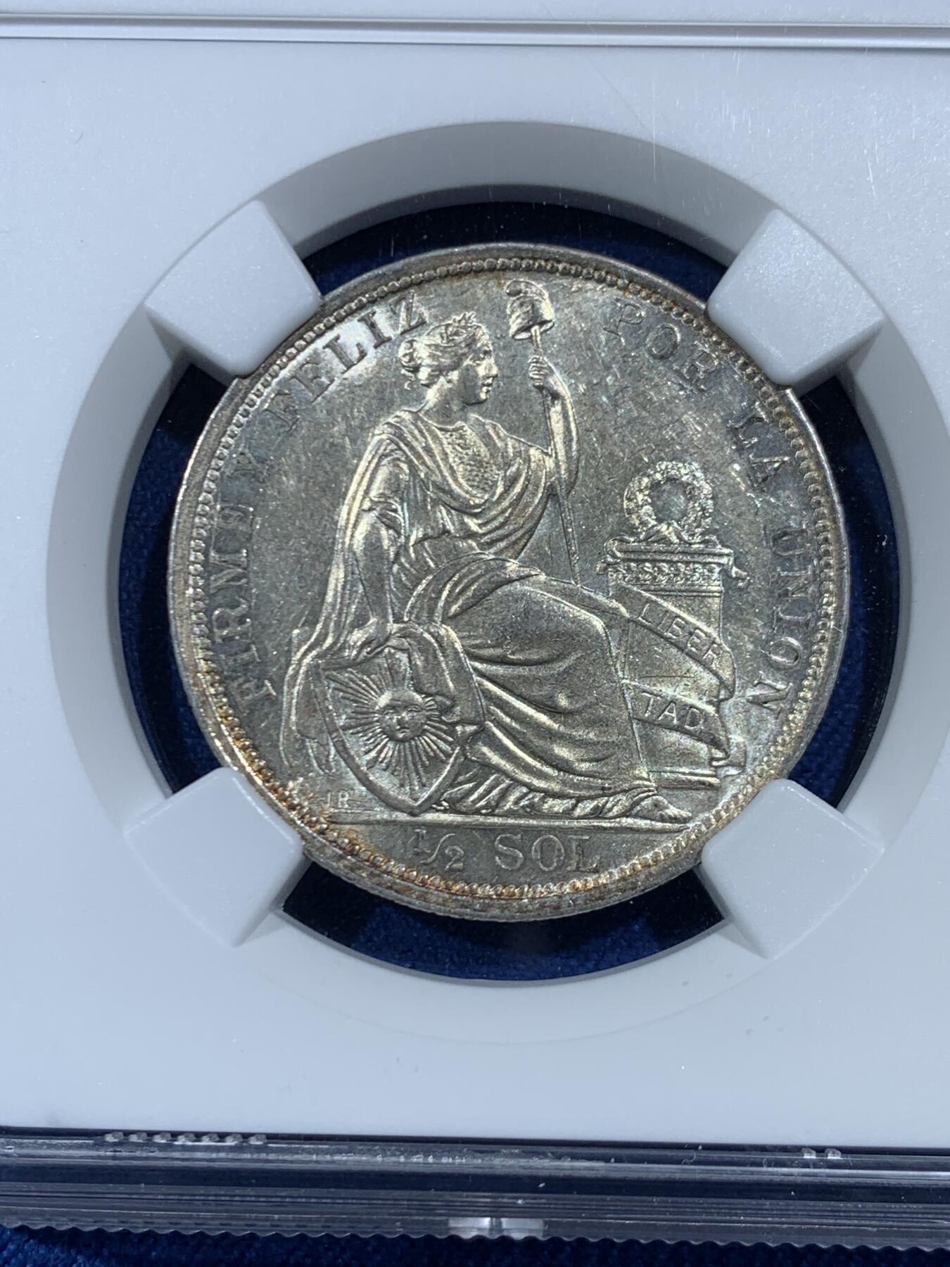 《竞宝斋》第454场 周日，周一 2场连拍 （全场包邮，欢迎送拍） NGC MS61 秘鲁1916年坐人女神1/2索尔银币 早期900高银版 黄油环彩