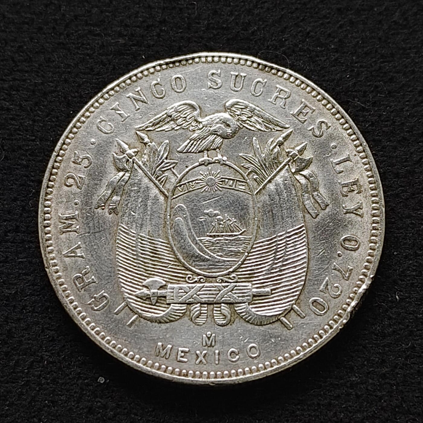 【全场包邮】纯粹捡漏拍493场 厄瓜多尔1944年5苏克雷银币【37毫米25克，纯银价约325元（按18元银价折算）】