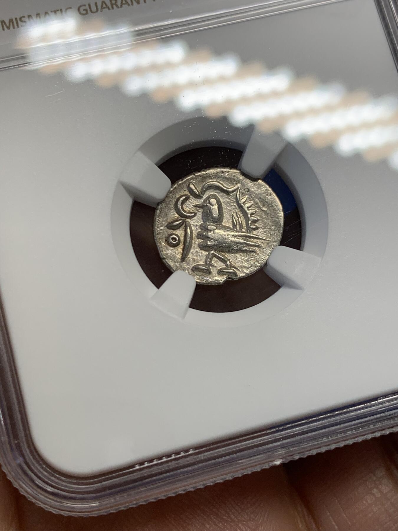 《竞宝斋》第454场 周日，周一 2场连拍 （全场包邮，欢迎送拍） NGC AU53 柬埔寨1600年-1860年神鸟2PE银币 东南亚经典品种