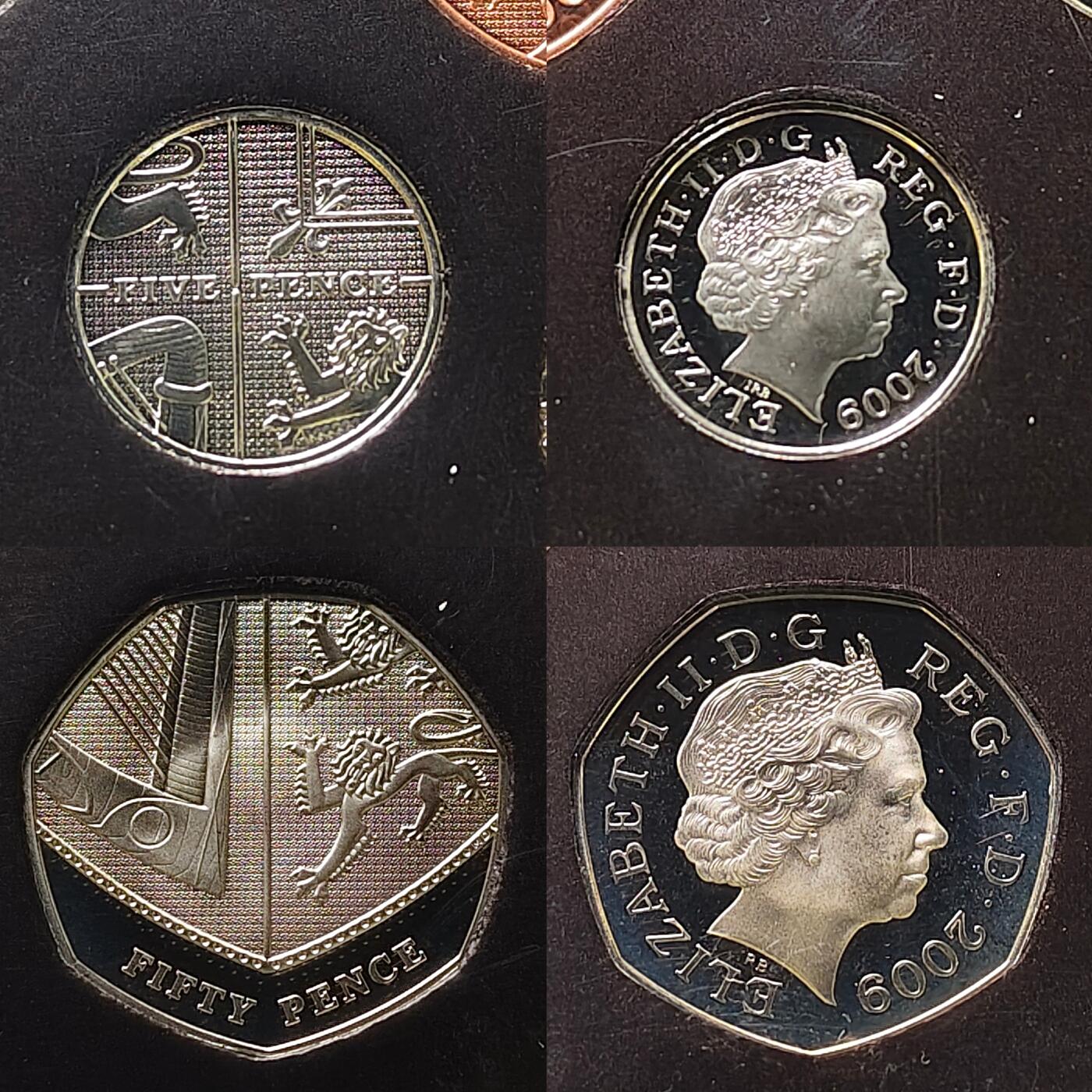 【全场包邮】纯粹捡漏拍493场 【重磅·邱园】英国2009年官方精制套币-5镑亨利八世登基500周年+50便士邱园250周年+2镑彭斯诞生250周年+2镑物种起源150周年+2镑机械时代-盒证全（内衬破损）