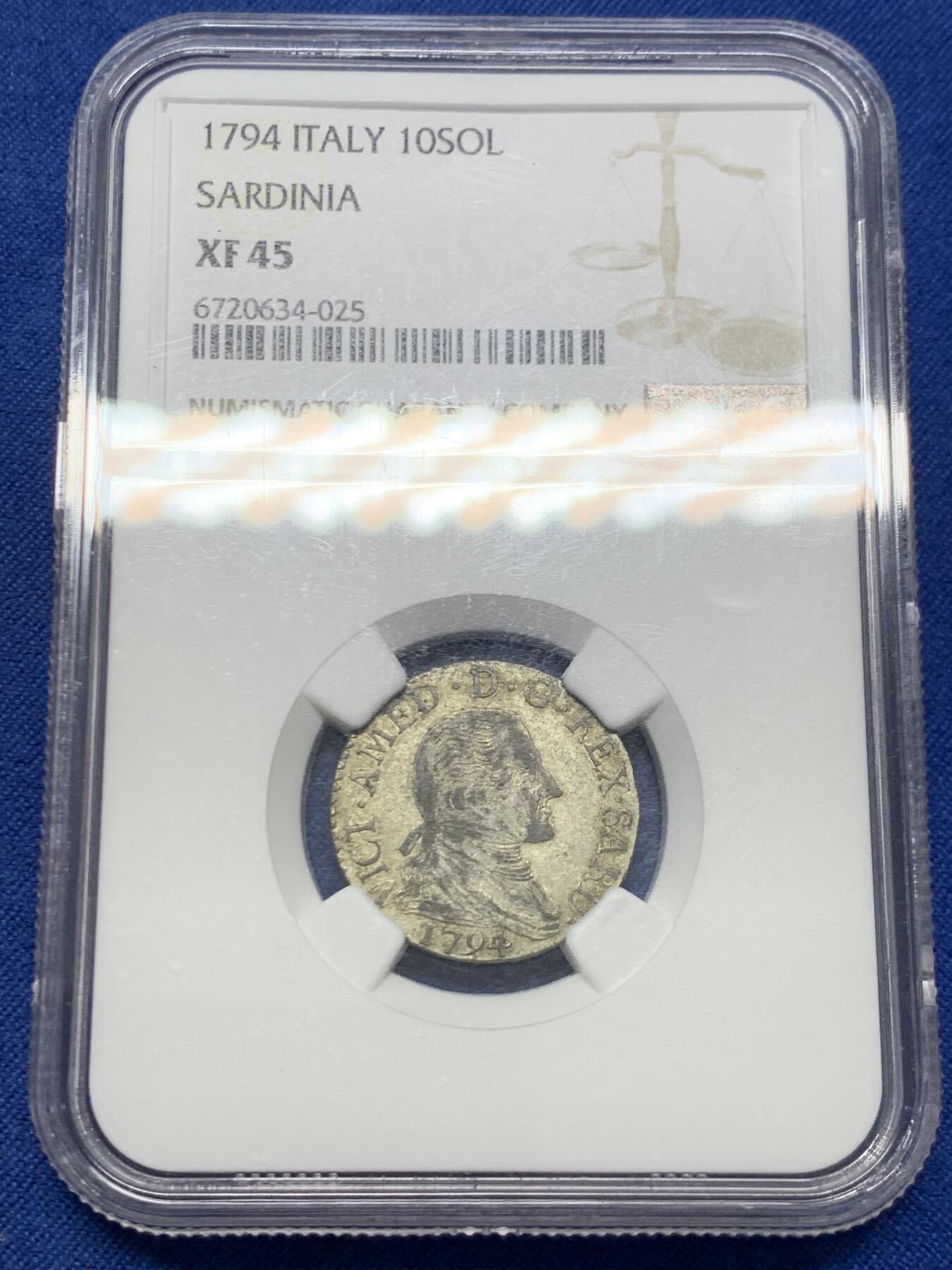 《竞宝斋》第454场 周日，周一 2场连拍 （全场包邮，欢迎送拍） NGC XF45 意大利 撒丁王国 1794年 10索尔 银币 细节不错 少见品种