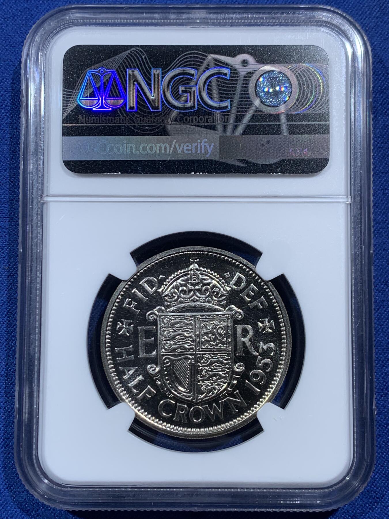 《竞宝斋》第454场 周日，周一 2场连拍 （全场包邮，欢迎送拍） NGC PF65 英国1953年伊丽莎白二世女王加冕首年精制半克朗 少见高分