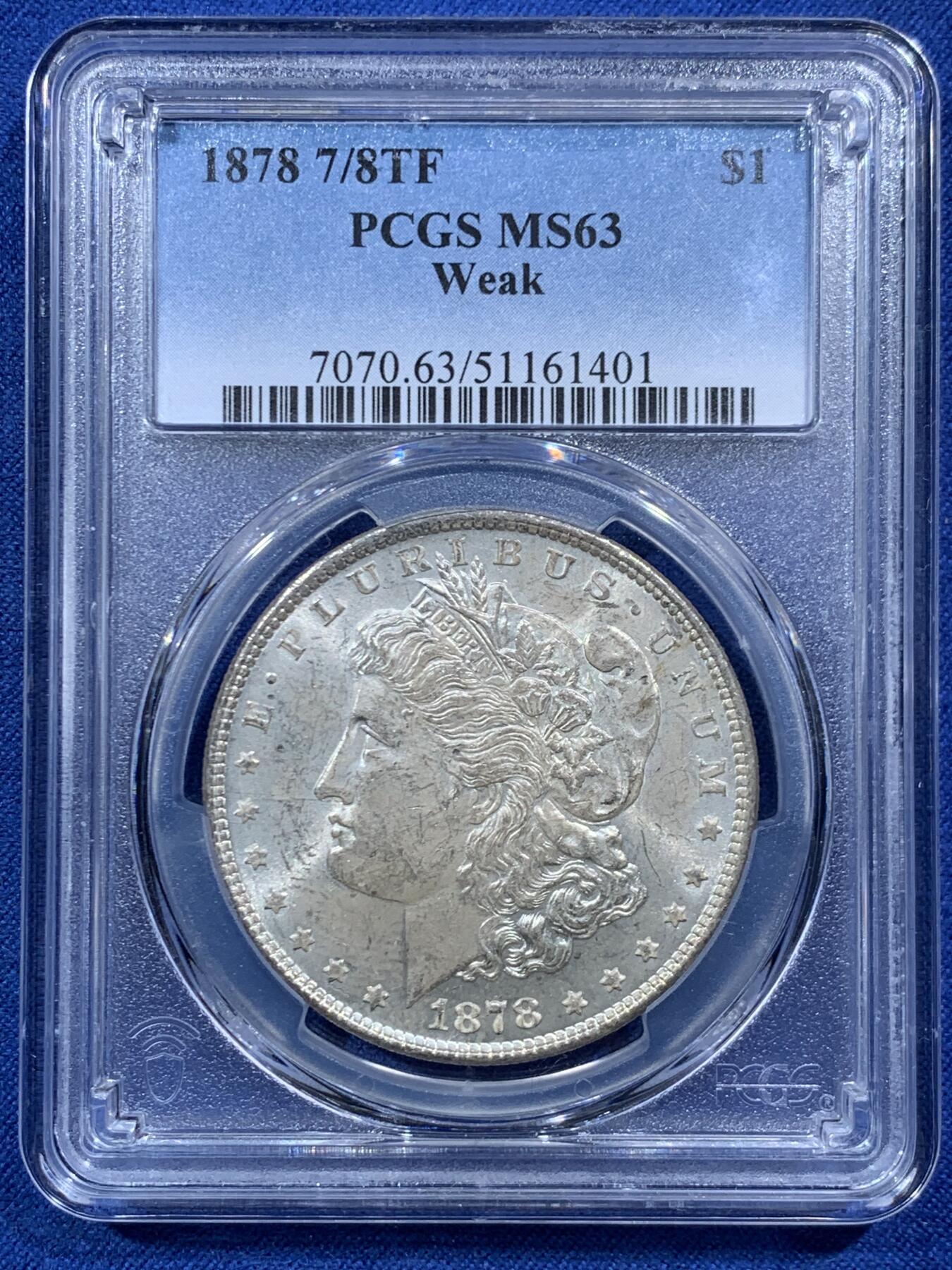 《竞宝斋》第454场 周日，周一 2场连拍 （全场包邮，欢迎送拍） PCGS MS63 美国 1878 首年摩根 7/8TF 银币 尾部羽毛复打 稀有版别 鹰面月牙形五彩包浆