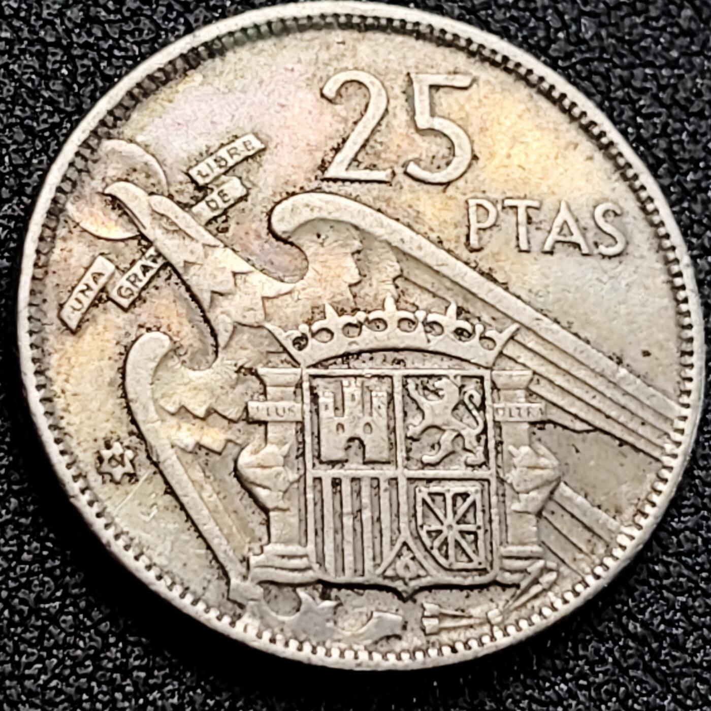 泉币菌-第162场- 新年第五场 精品福利场 弗朗西斯科佛朗哥 西班牙1957年25比塞塔銅镍硬币26.5mm8.5g