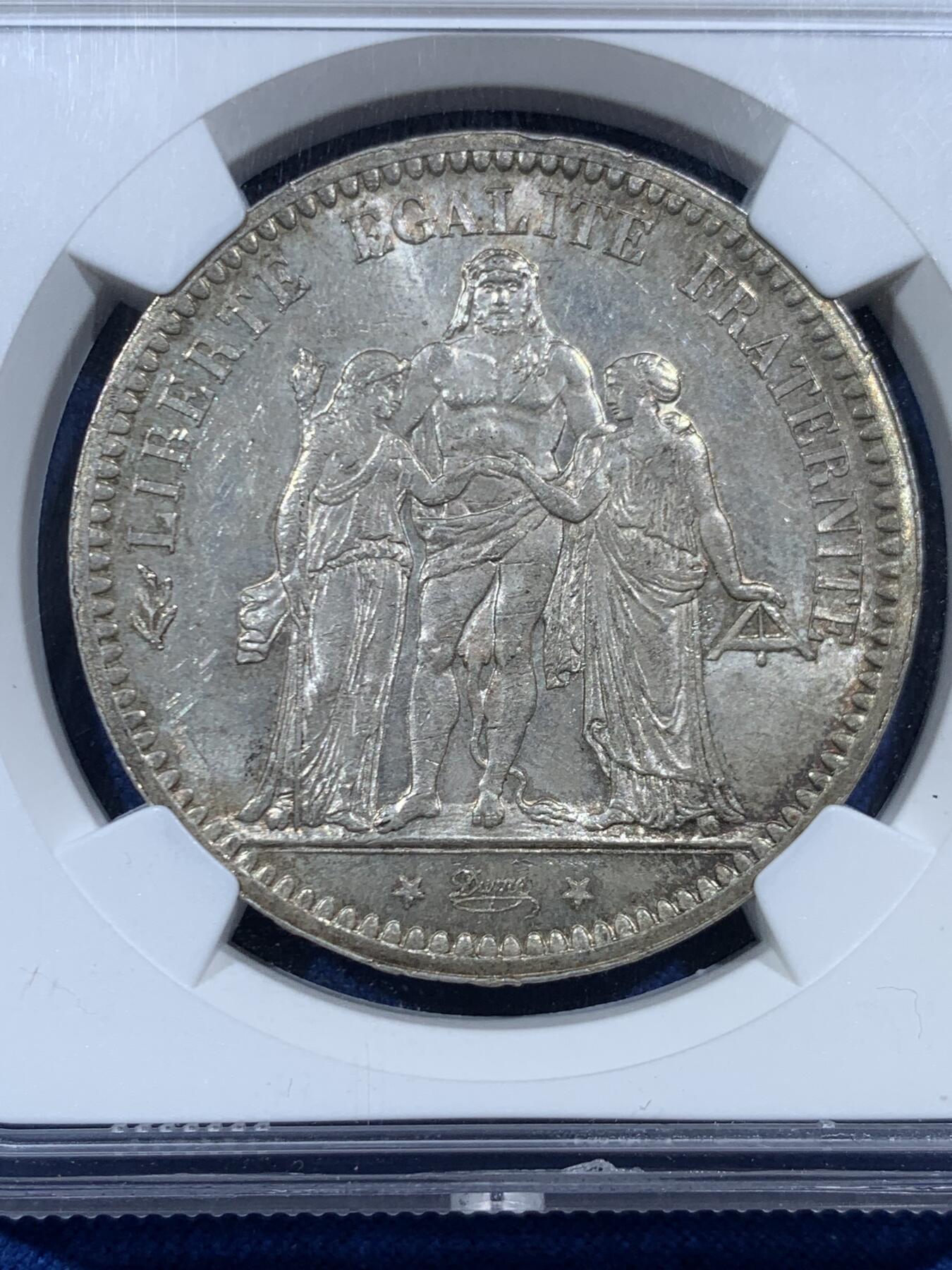 《竞宝斋》第454场 周日，周一 2场连拍 （全场包邮，欢迎送拍） NGC MS63 法国第三共和国1873年5法郎银币