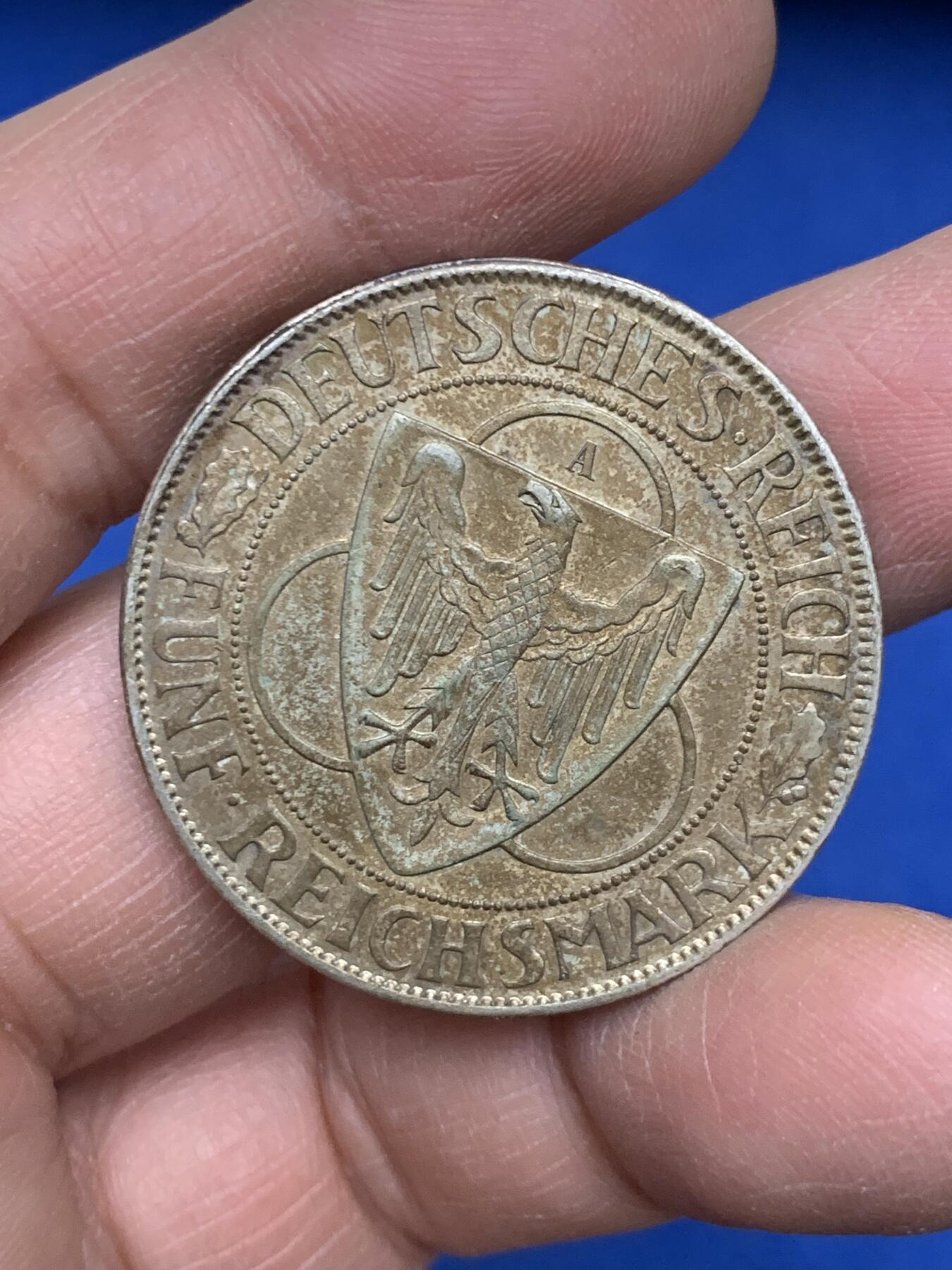 《竞宝斋》第454场 周日，周一 2场连拍 （全场包邮，欢迎送拍） 德国1930魏玛共和国鹰桥5马克银币