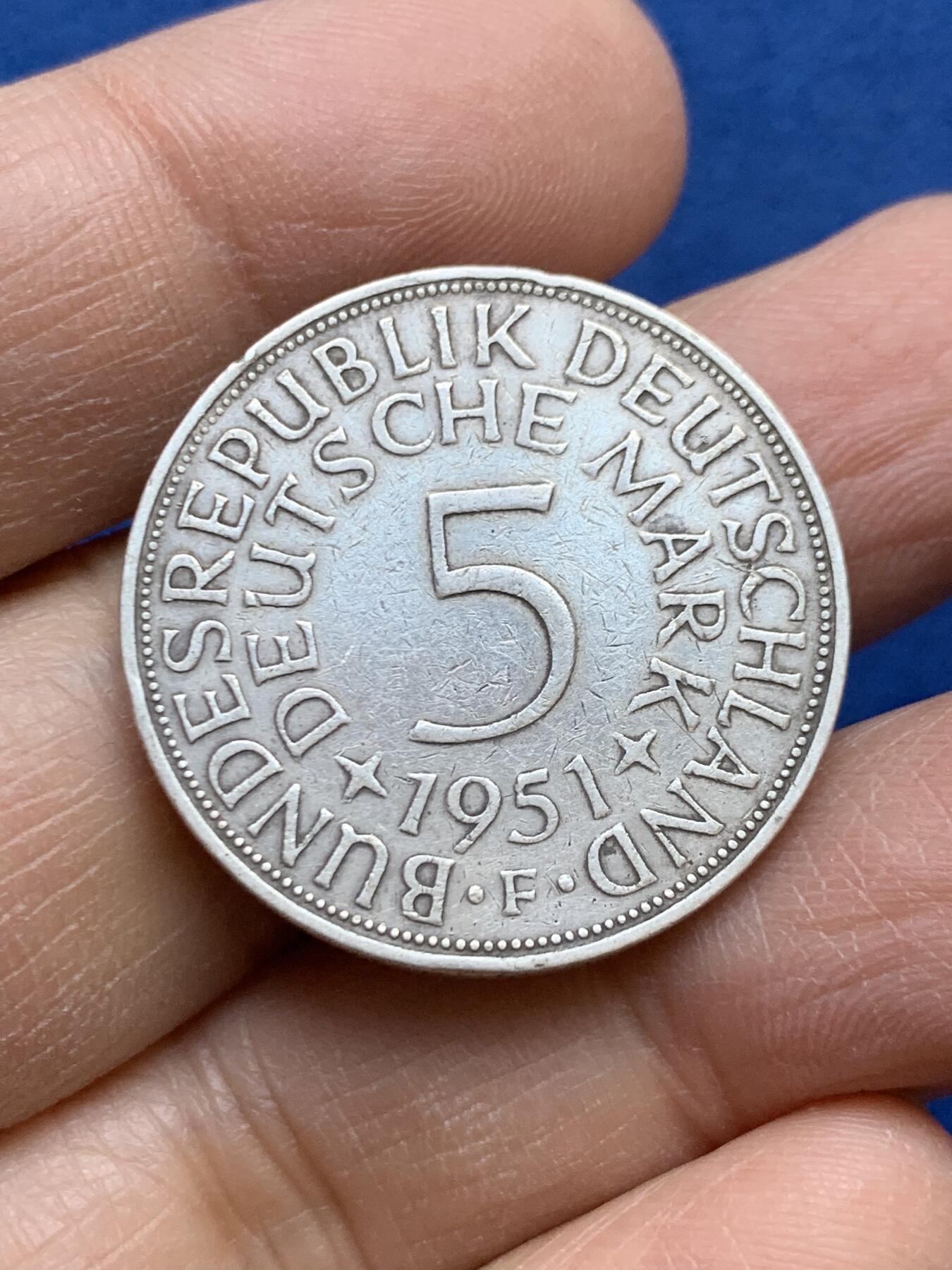 《竞宝斋》第454场 周日，周一 2场连拍 （全场包邮，欢迎送拍） 德国1951年5马克银币