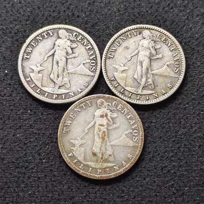 【全场包邮】纯粹捡漏拍493场 - 美属菲律宾1909-1916年早期飞鹰版20分银币3枚一组【20.68毫米4克，纯银价约162元（按18元银价折算）】
