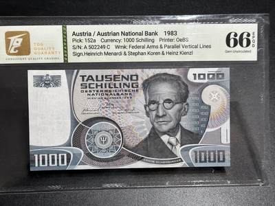 《外钞收藏家》第五百九十九期（畅拍场）（本平台长期征集拍品、欢迎藏友们联系合作） - 1983年奥地利1000先令 薛定谔 TQG评级66