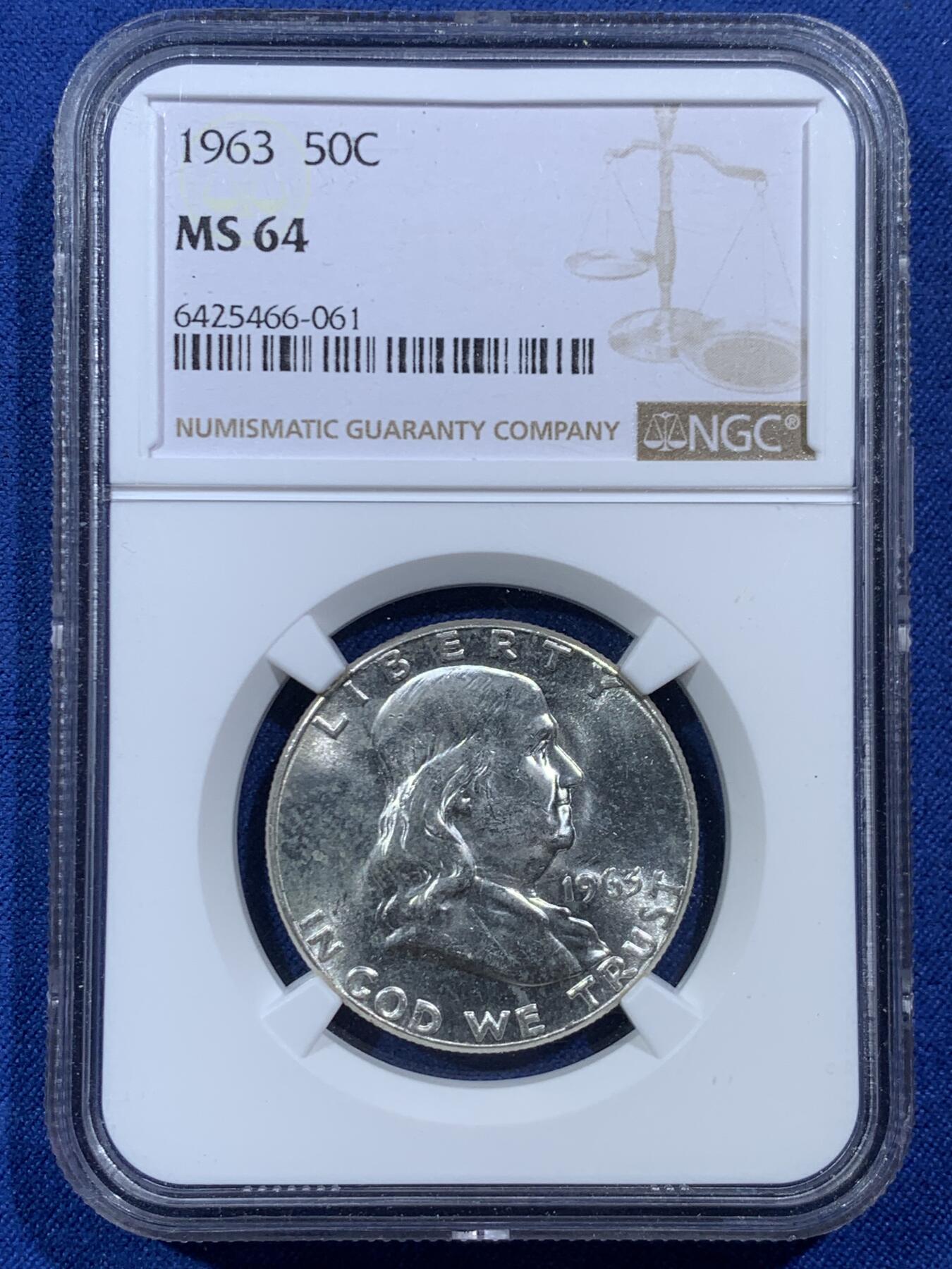 《竞宝斋》第454场 周日，周一 2场连拍 （全场包邮，欢迎送拍） NGC MS64 美国 1963年 半美元  富兰克林 经典品种 特色图案