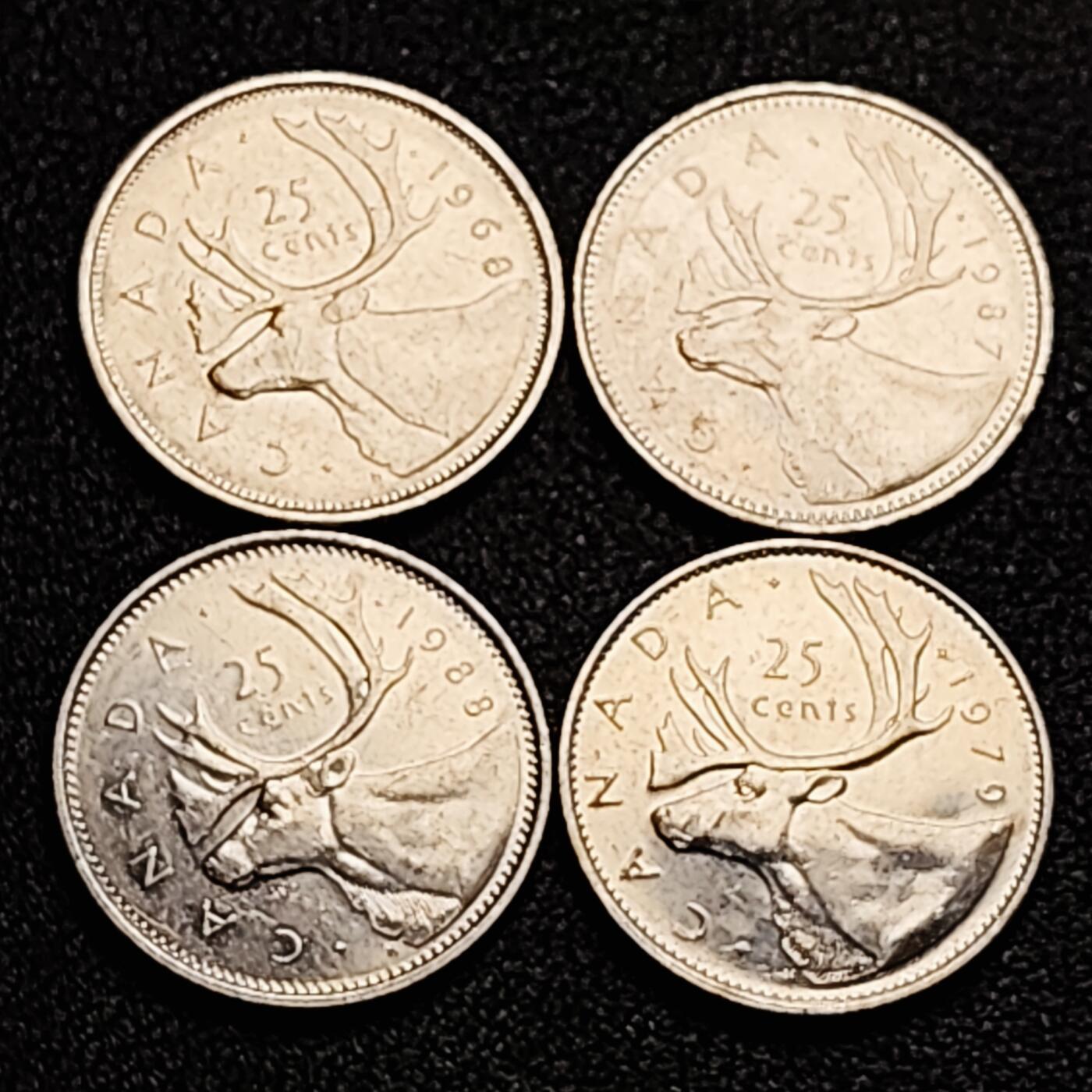 泉币菌-第162场- 新年第五场 精品福利场 高币值 一加元 一组4枚 加拿大驯鹿1/4元 英国伊丽莎白二世女王像 23.9mm