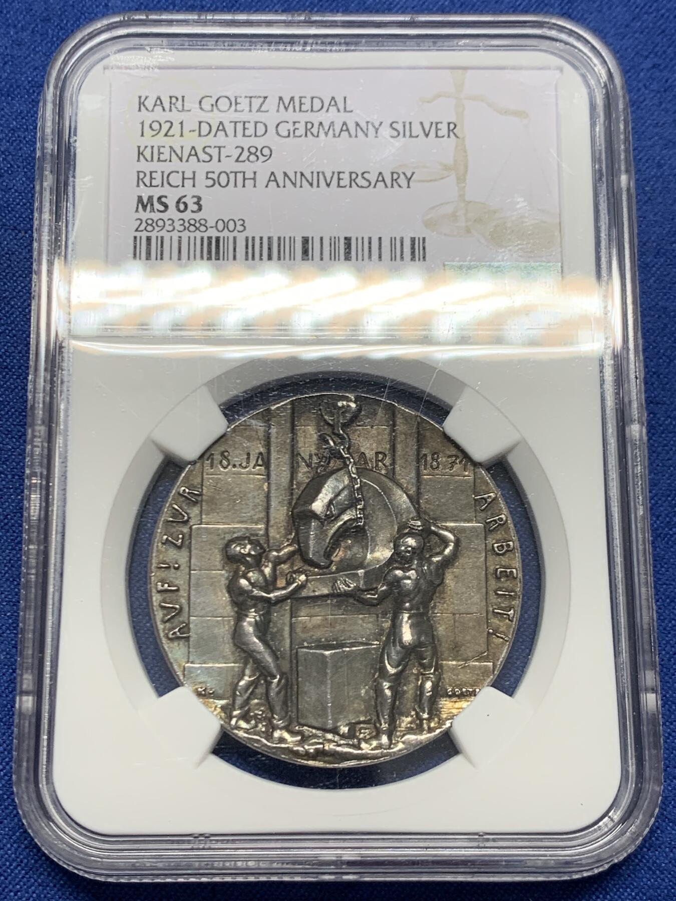 《竞宝斋》第454场 周日，周一 2场连拍 （全场包邮，欢迎送拍） NGC MS63 德国 1921 德国帝国50周年庆典及重建号召 纪念银章 卡尔哥茨作品