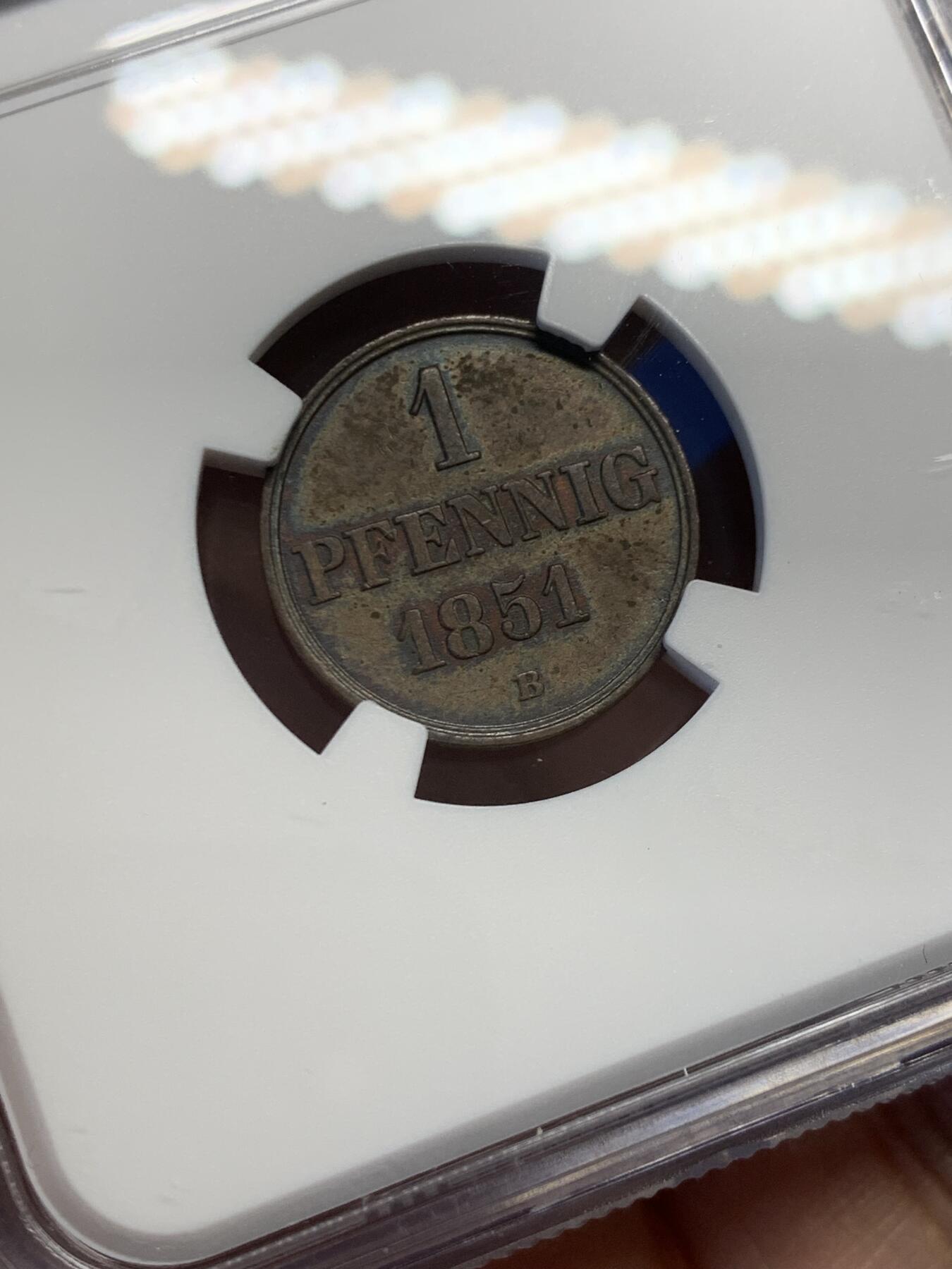 《竞宝斋》第454场 周日，周一 2场连拍 （全场包邮，欢迎送拍） NGC AU55BN 德国汉诺威 1851年1芬尼 铜币